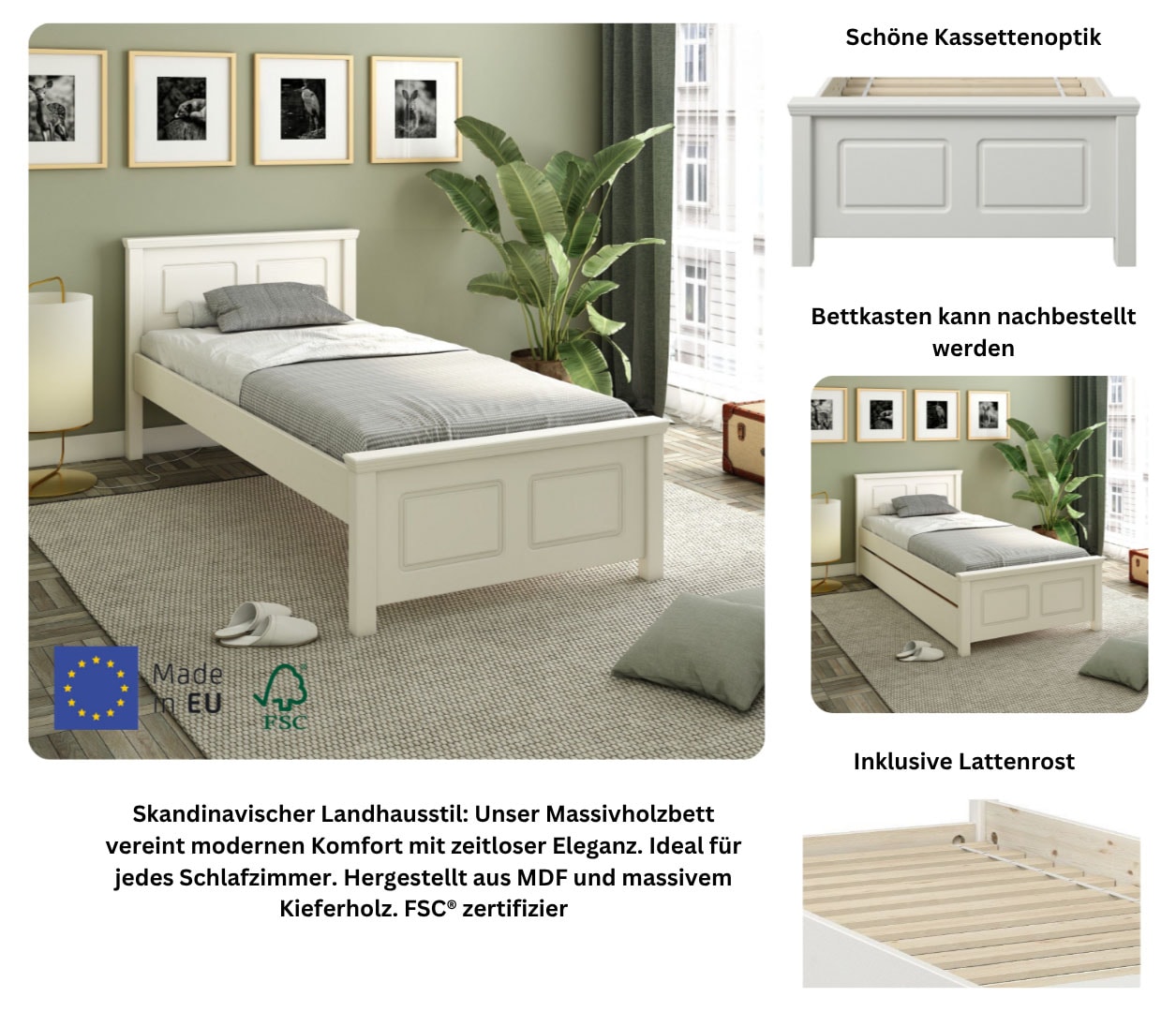 Home affaire Massivholzbett »"ERIK" , Made in Europe, optional mit Schublade, Massivholz Kiefer« FSC® zertifiziert,  in mehreren Größen, Landhausstil mit Kassettenoptik