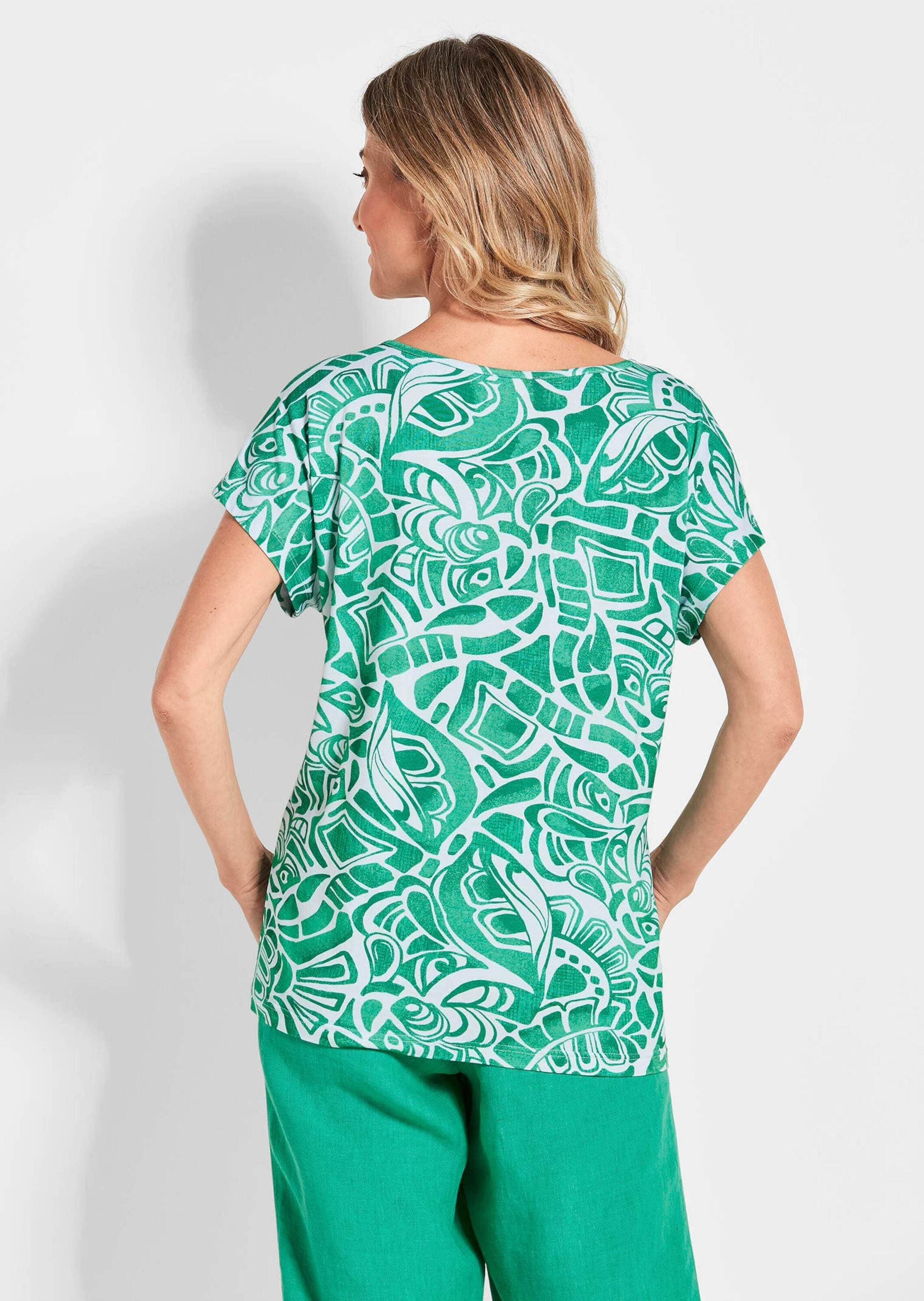 GOLDNER Print-Shirt »Kurzgröße Damen Oberteil Ethnoprint Kurzarm« Druck mit Struktureffekt