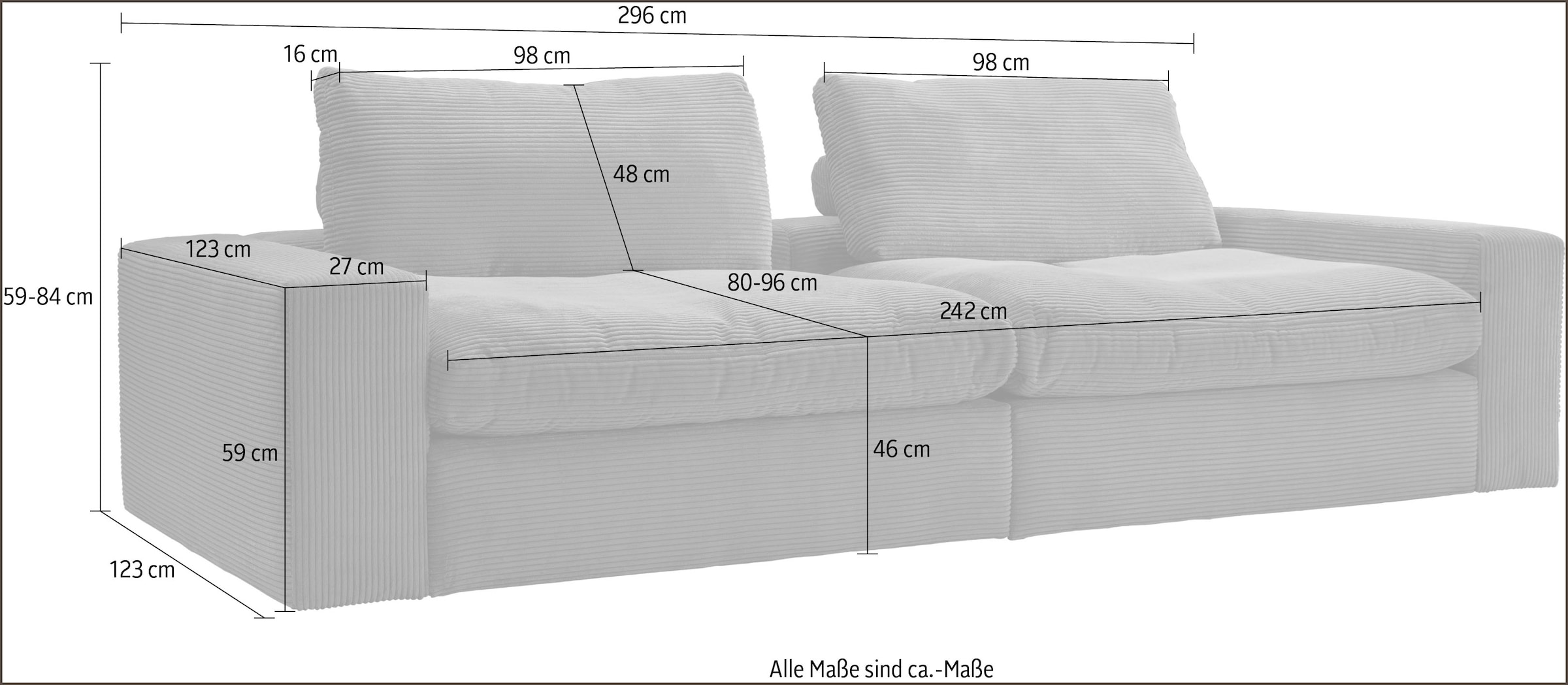 alina Big-Sofa »Sandy«, 296 cm breit und 123 cm tief, in modernem Cordstoff