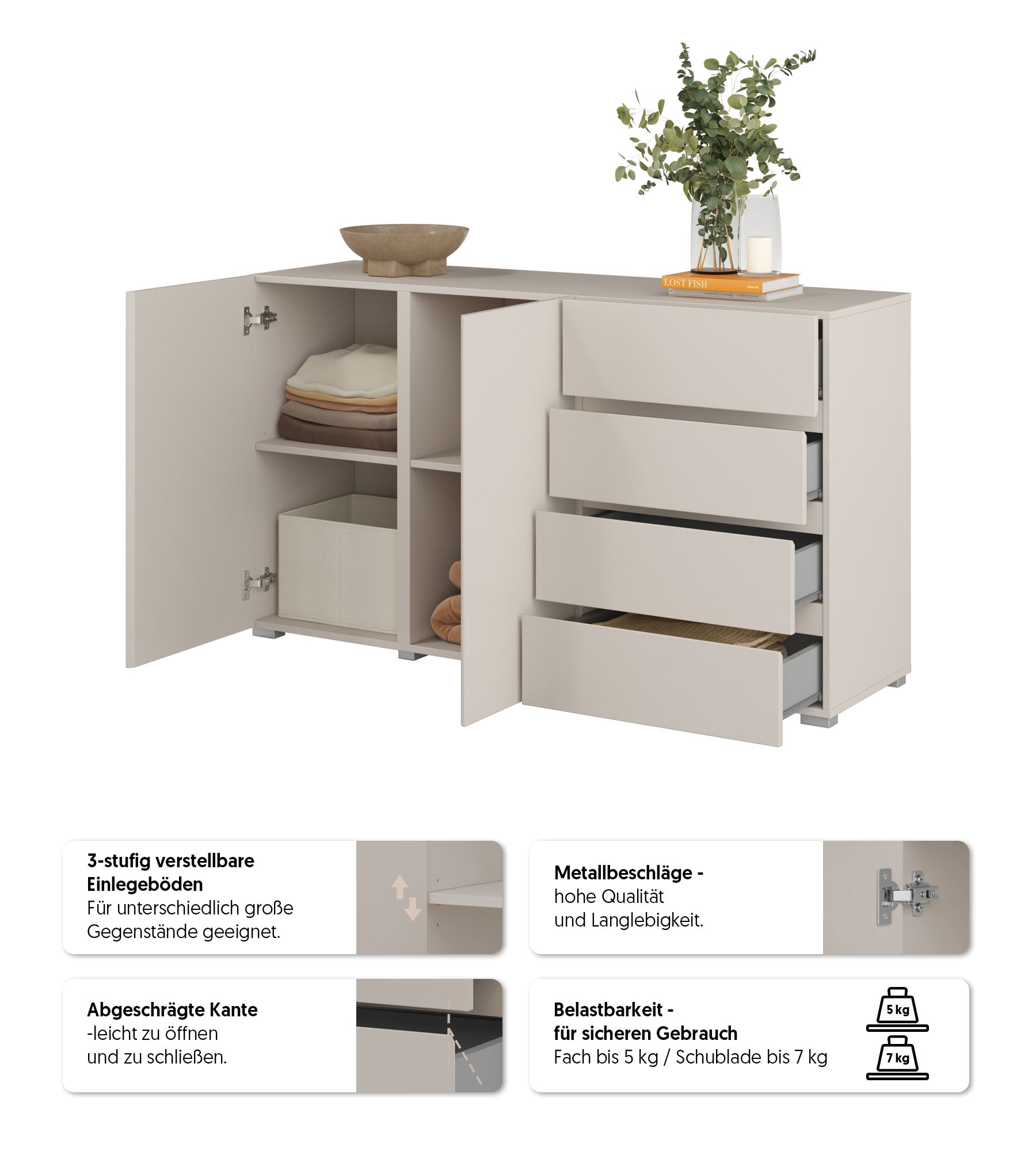 OTTO home Sideboard »Metric,Breite 138 cm, grifflose Kommode 2 Türen/4 Schubkästen« Schubladenschrank mit viel Stauraum, Einlegeböden verstellbar