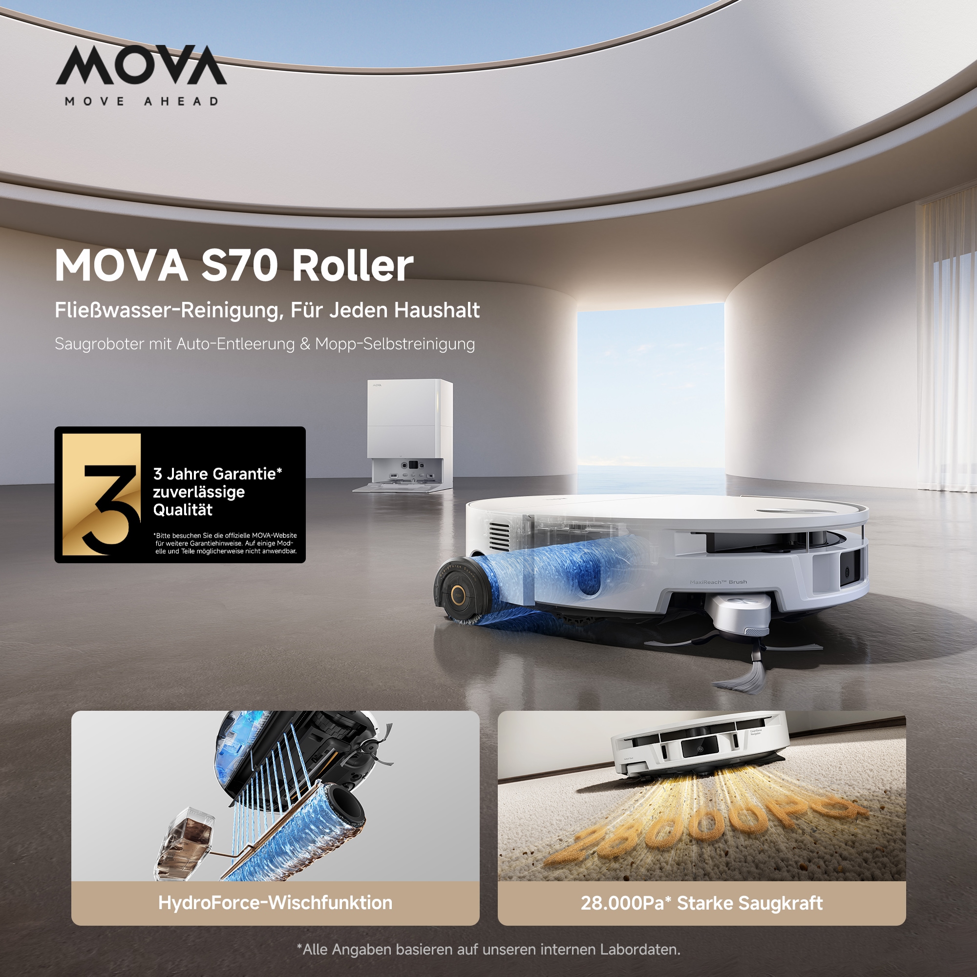Mova Saugroboter »S70 Roller, Saugroboter mit 28.000Pa Saugkraft und HydroForce-Wischen,« MaxiReach-Technologie, CovertSense-Navigation, 90mm Flaches Gehäuse