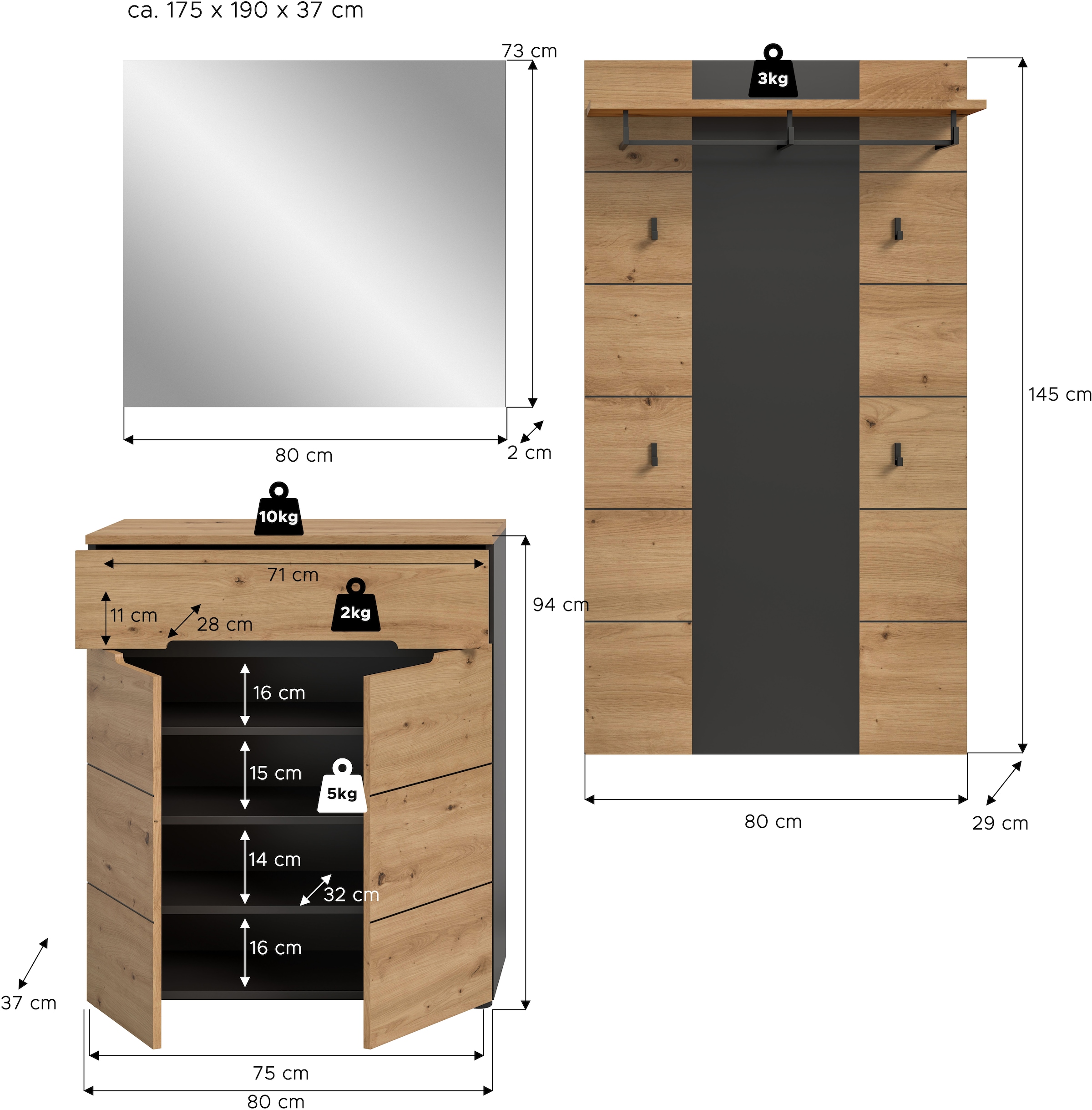 Home affaire Garderoben-Set »REHAT, TOPSELLER!, 3-teilig, Breite 175 cm, individuell erweiterbar« Set, bestehend aus: Kommode, Spiegel und Garderobenpaneel, 3 Stk. tlg.
