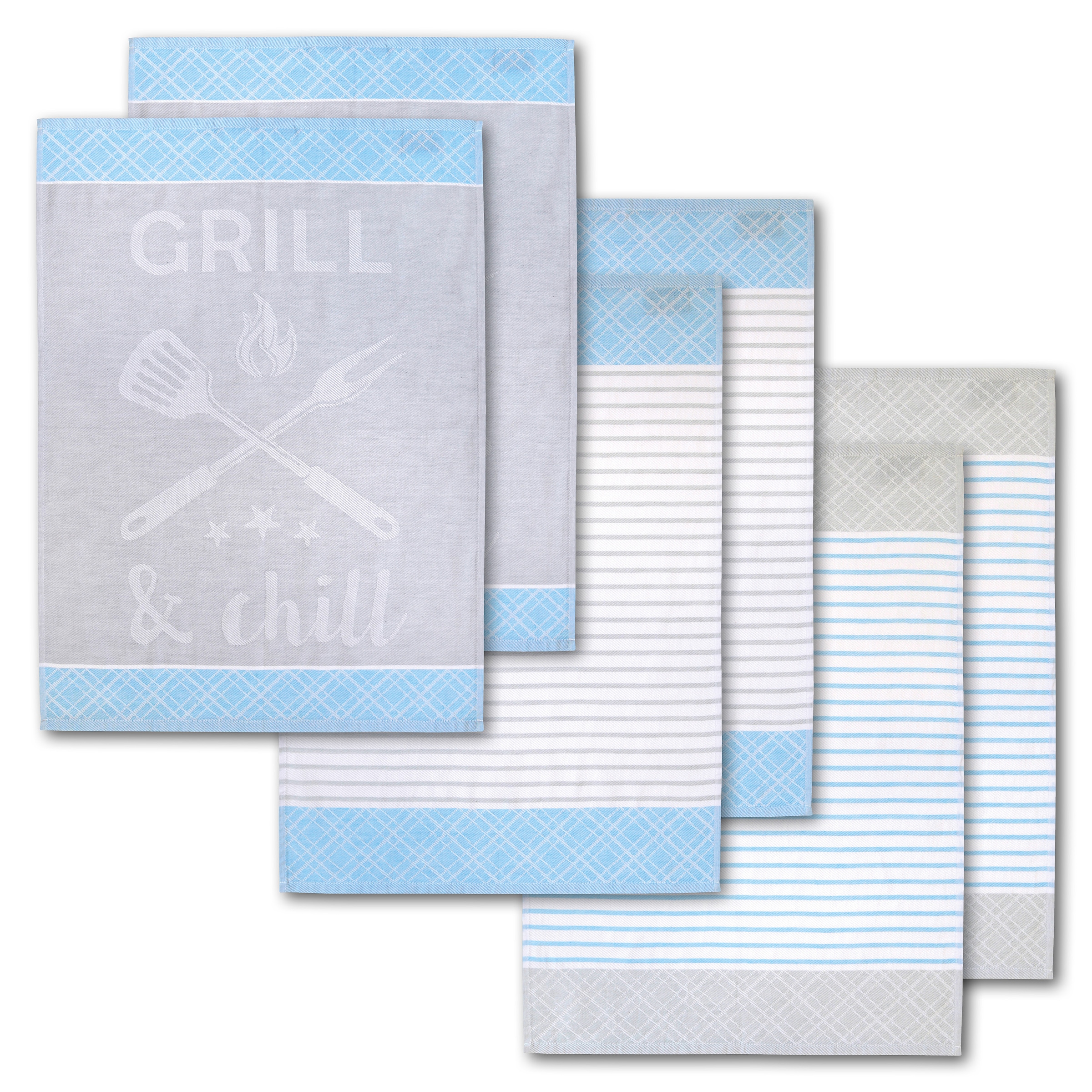 Dyckhoff Geschirrtuch "Grill & Chill, mit 3 verschiedenen Motiven, Maße je Tuch ca. 50x70 cm" aus 100% Baumwolle, mit Grillbesteck-Motiv und Schriftzug