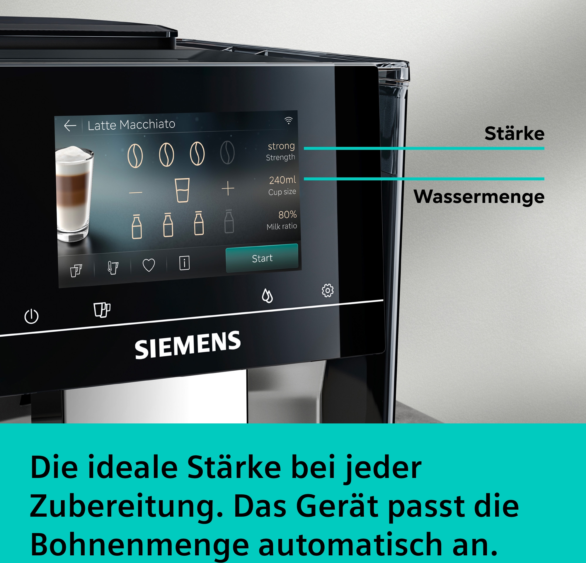 SIEMENS Kaffeevollautomat »EQ700 TP725ET7, inkl. Thermo-Kaffeebecher, XL-Getränke, 20 Favoriten« farbiges Full-Touch-Display, Doppeltassenfunktion, sehr leise, silber