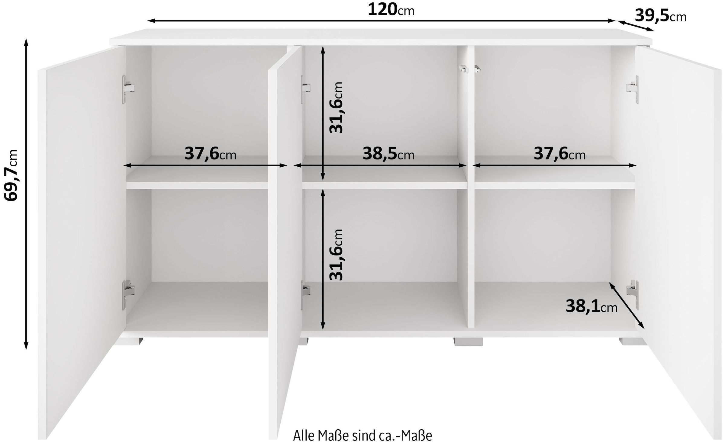 INOSIGN Sideboard »Kenia, moderne grifflose Kommode mit 3 Türen, Breite 120 cm« 1 Stk. tlg. Push-to-Open-Fronten, höhenverstellbaren Einlegeböden