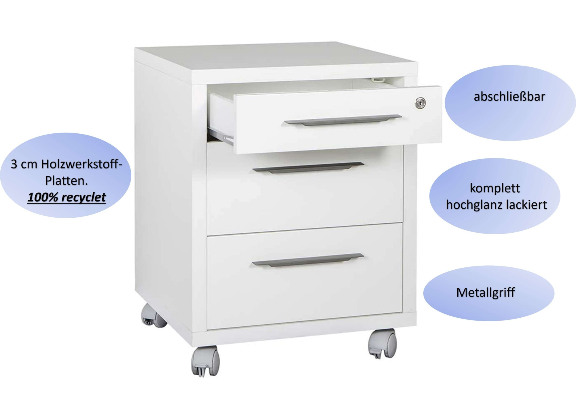 Composad Rollcontainer »DISEGNO, mit 3 Schubladen,«, davon 1 abschließbar, Höhe 63 cm, 100% recyceltes Holz, Made in Italy