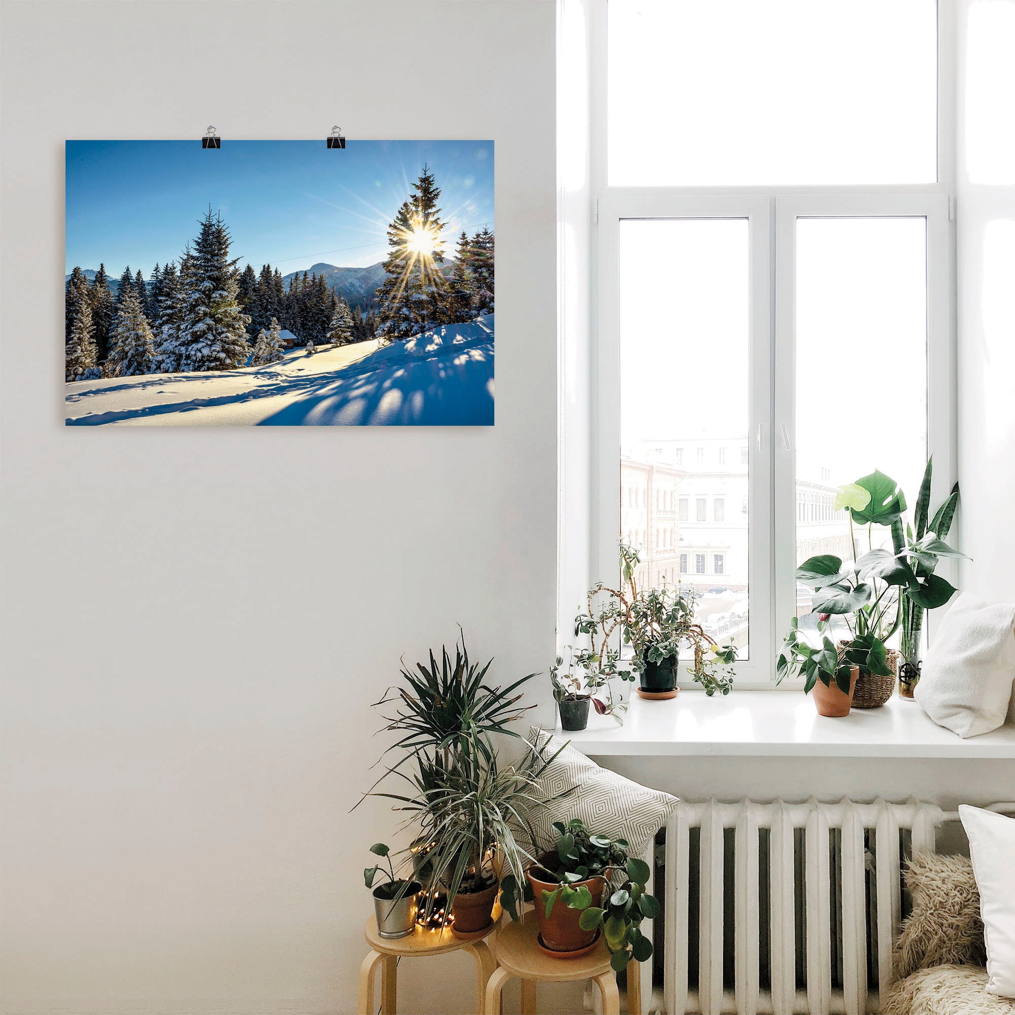 Artland Poster »Winterlandschaft mit Sonnenstern«, Berge, (1 St.), als Alubild, Leinwandbild, Wandaufkleber oder Poster in versch. Größen