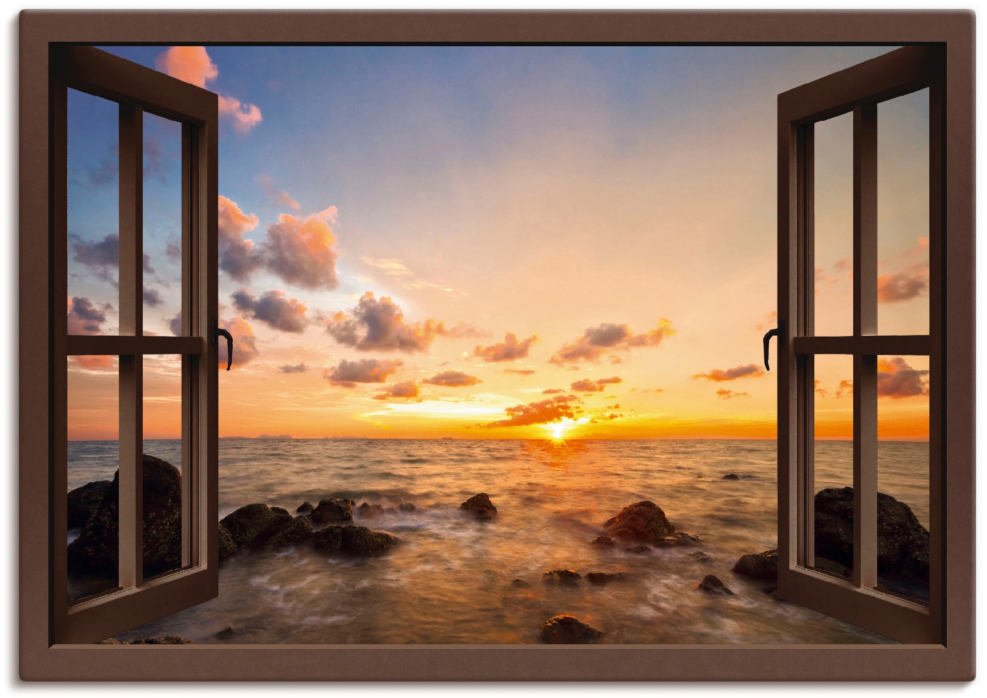 Artland Wandbild »Fensterblick Sonnenuntergang am Meer«, Fensterblick, (1 St.), als Alubild,...