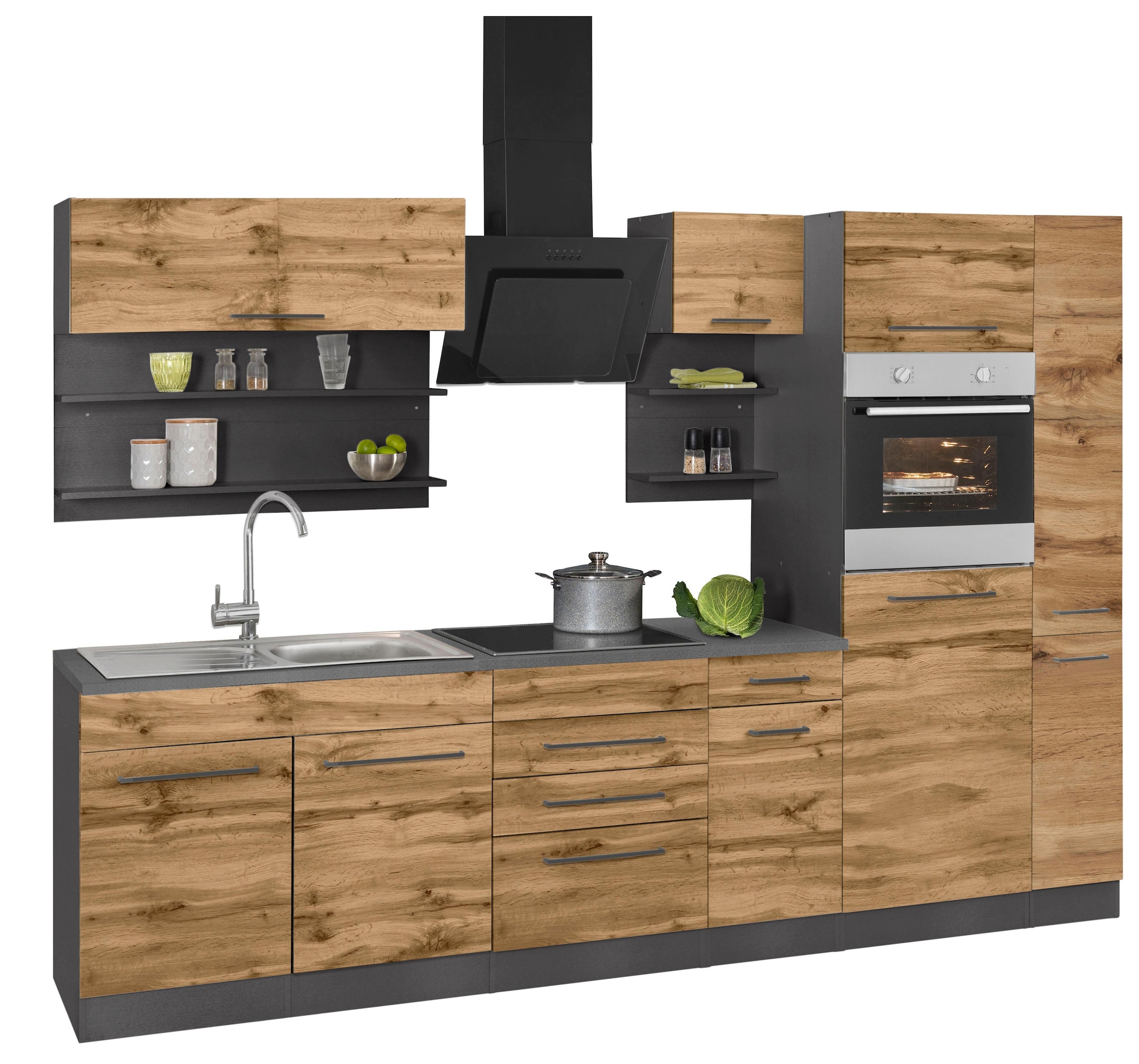 KOCHSTATION Küchenzeile »KS-Tulsa« ohne E-Geräte, Breite 300 cm, schwarze Metallgriffe, MDF Fronten