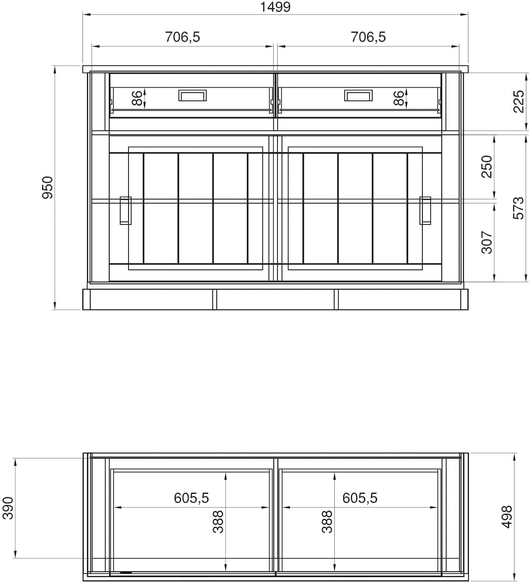 Home affaire Sideboard »Orlando, moderner Schrank, Kommode im Landhausstil«, 2 Schiebetüren & 3 Schubladen, silberne Griffmulden, 150 cm breit