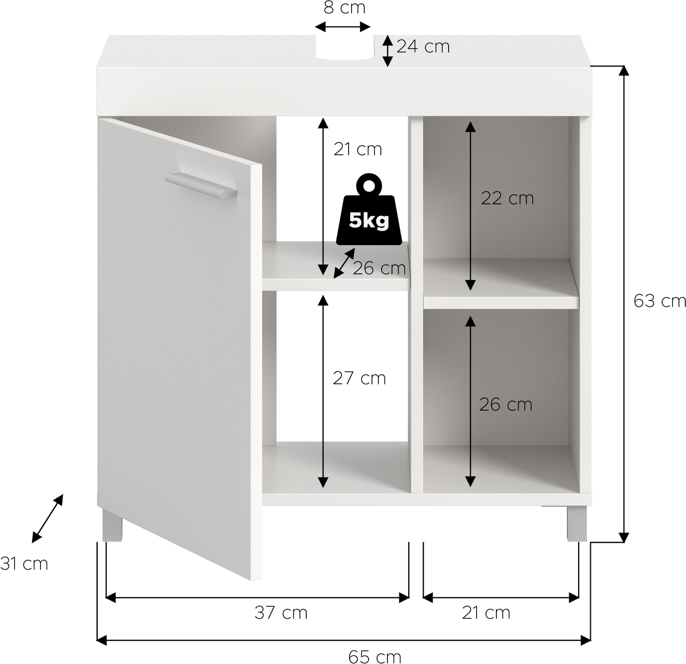 welltime Waschbeckenunterschrank »HANO,  Badezimmer, WBU, Waschtisch,  Kommode, Unterschrank« in 2 verschiedenen Farben und 2 verschiedenen Ausstattungen erhältlich,  1 Tür, 2 höhenverstellbare E-Böden, 4 Fächer, mit Siphonausschnitt