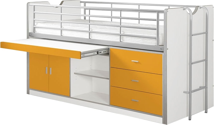 Vipack Hochbett »Bonny, mit zeitloser Optik, super praktisch im Kinderzimmer«, (B/H/T ca. 207x116x96cm, Dekor Oberfläche, in verschieden Farben), mit großer Schreibplatte, Schubladen, Fächern, maximaler Stauraum