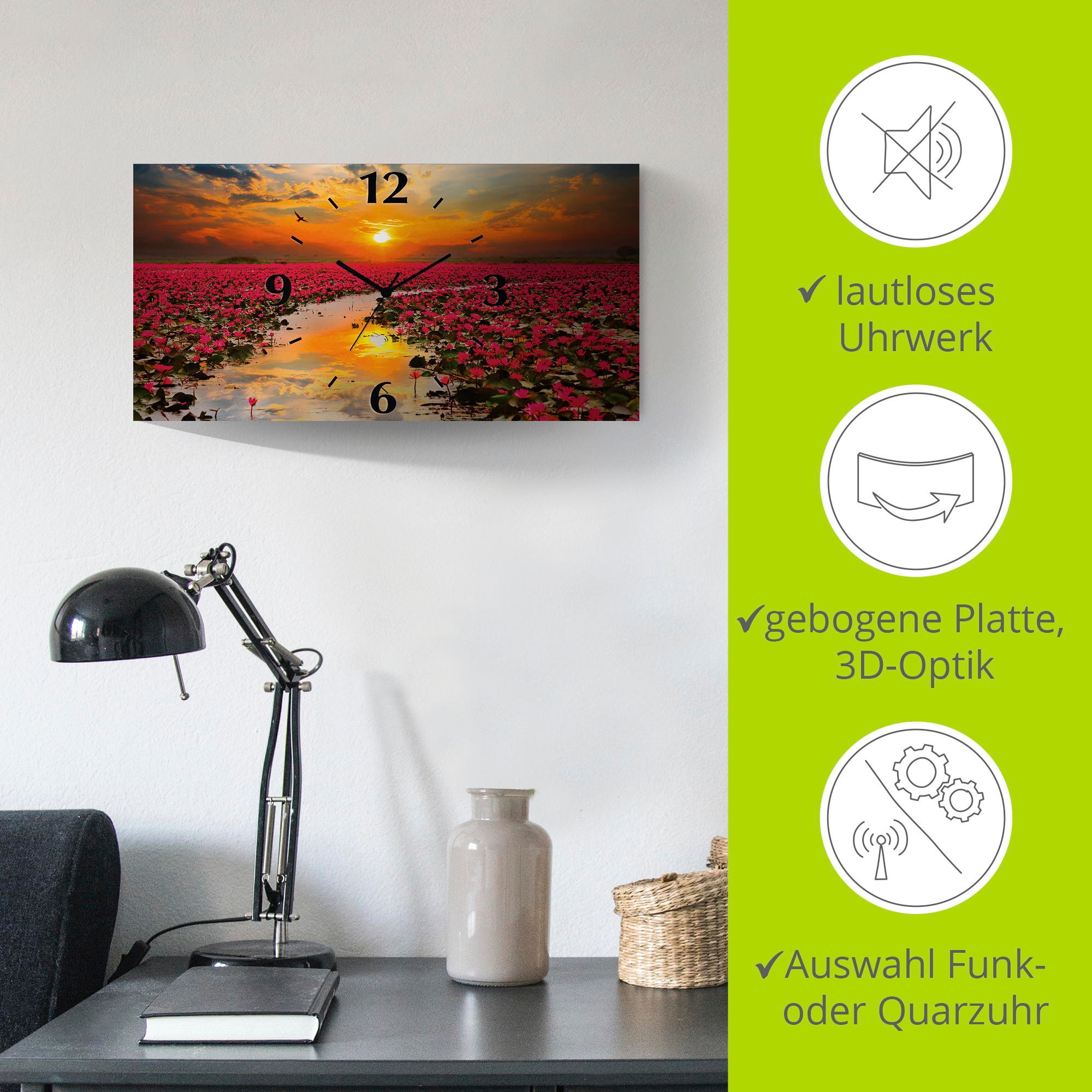 Artland Wanduhr »Sonnenschein blühende Lotusblume«, 3D Optik gebogen, mit Quarz- oder Funkuhrwerk, versch. Größen