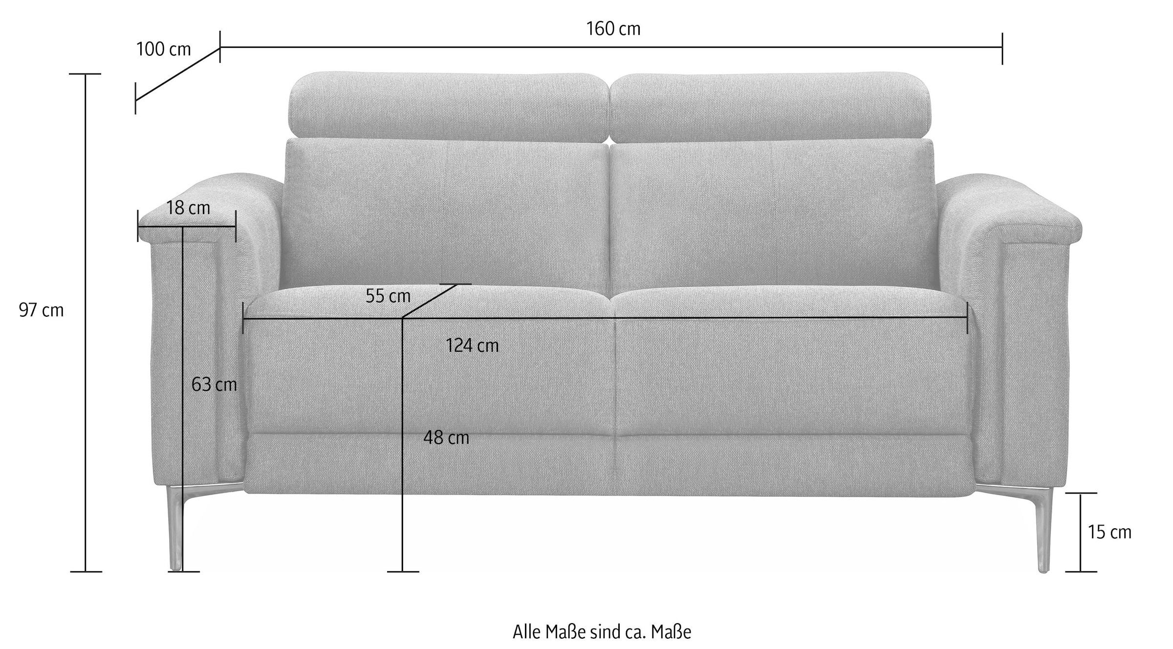 OTTO home 2-Sitzer »LUND Lederoptik, 160 cm, mit Relaxfunktion und Kopfteilverstellung« manuell od. elektrisch (m.USB-A), Federkern und Kopfteilverstellung