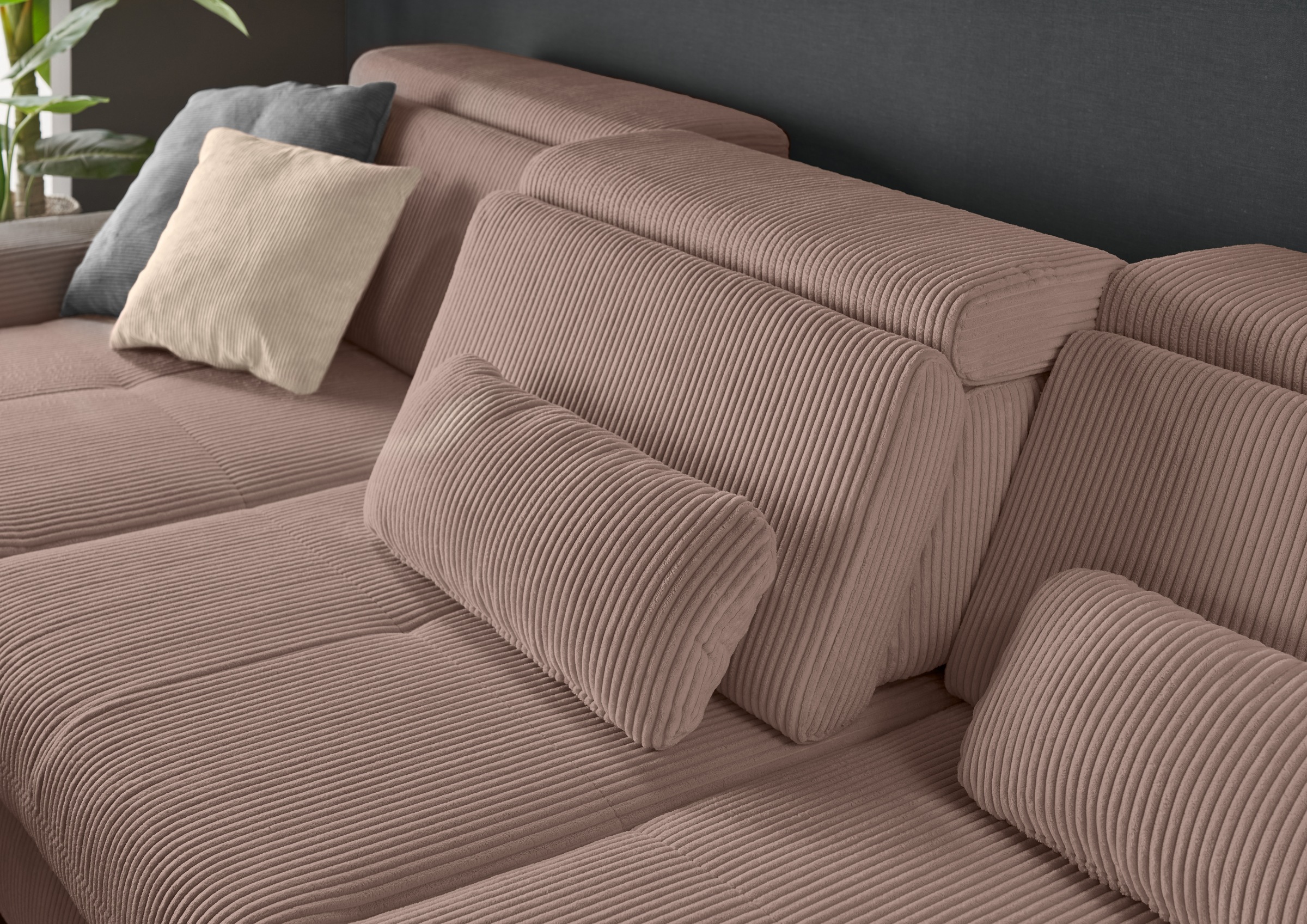 set one by Musterring Ecksofa »SO 3400 Sitzhöhe 47cm oder 49cm, Sitztiefe verstellbar, B/T: 307/195cm«, whlw. mit Funktion, Kaltschaum, in Cord, rose, Sitzhöhe 49