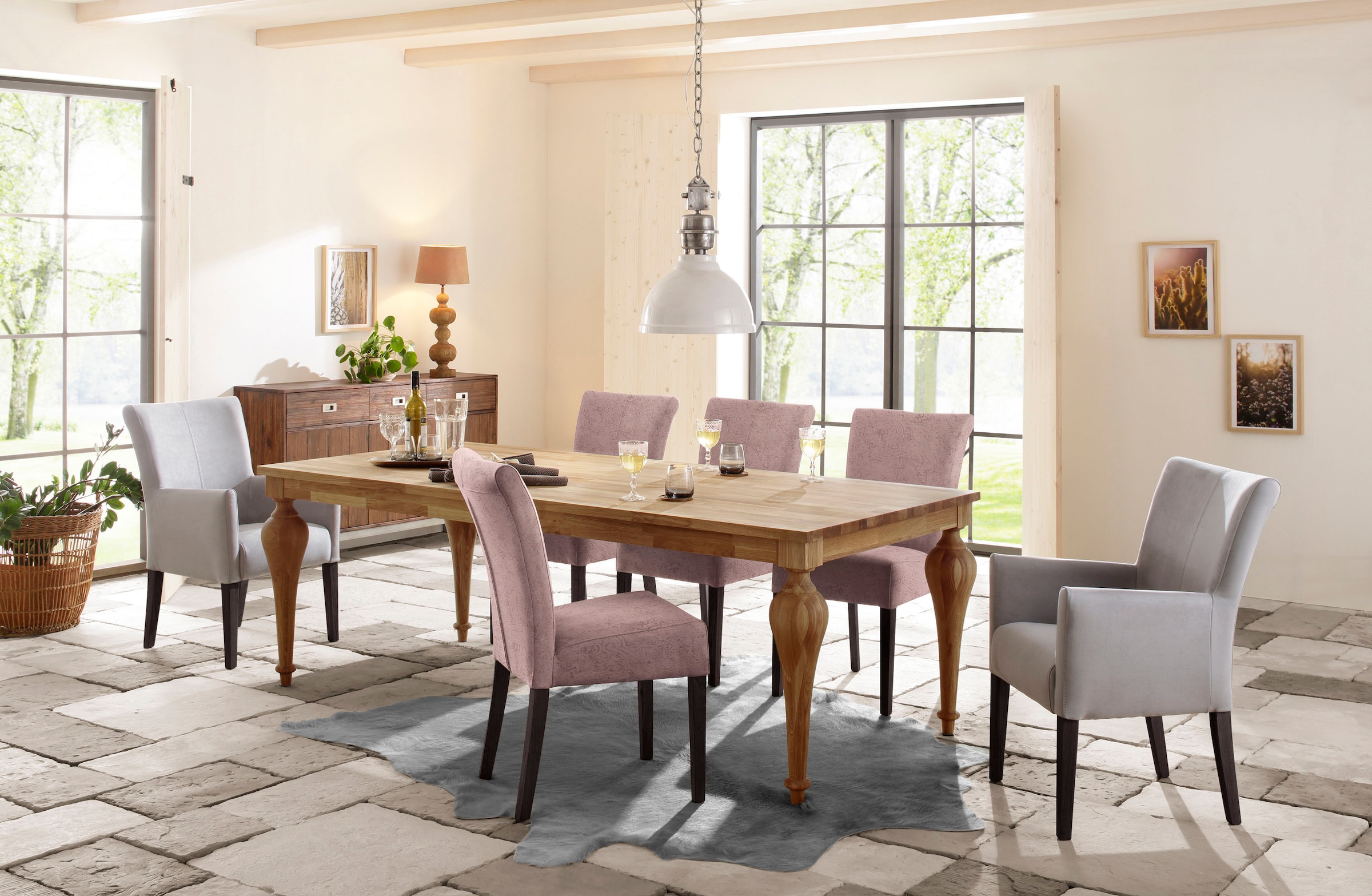 Home affaire Esszimmerstuhl »Queen«, (Set), 6 St., Luxus-Microfaser mit Druck, Beine aus massiver Buche, wengefarben lackiert, Polsterstuhl