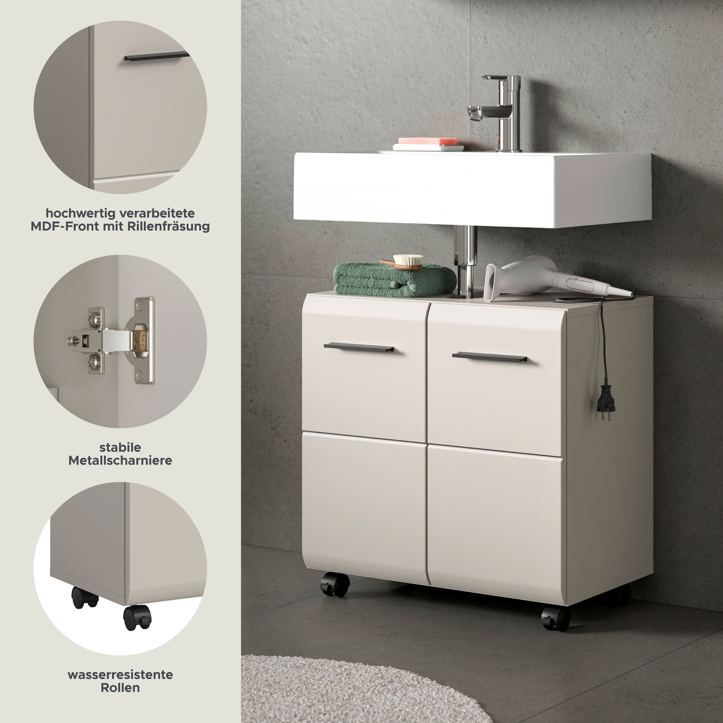 welltime Waschbeckenunterschrank »FLORENZ, Waschbeckenunterschrank mit Rollen, hochwertige MDF-Front« 1 Stk. tlg. Waschbeckenunterschrank, WBU, Unterschrank, Bad, Badezimmer