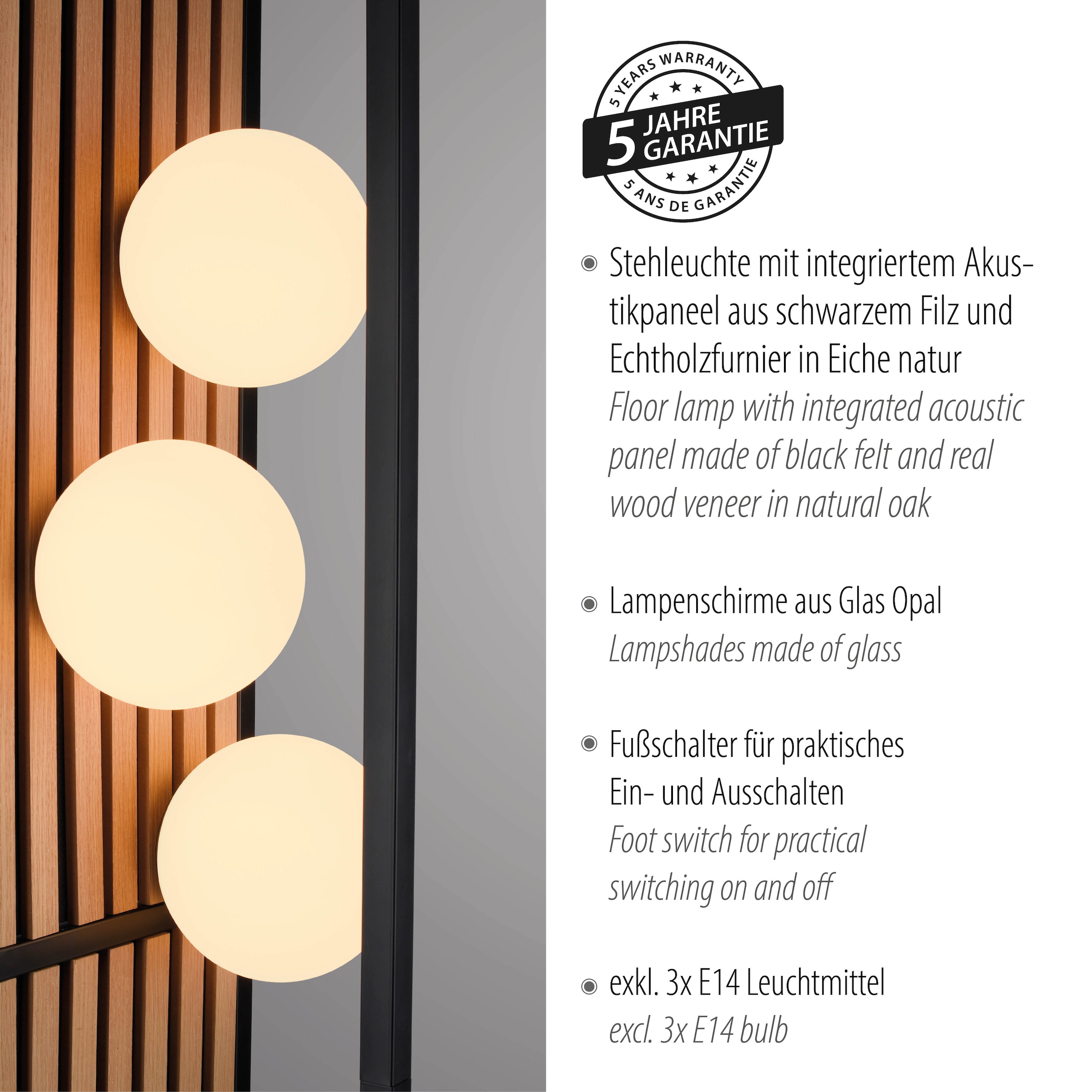 my home Stehlampe »Erinette Akustikpaneele mit Glaskugeln« E14 Warmweiß Holz, Akustik, Paneele, Glas, opal matt weiß, Stehleuchte, Fußschalter