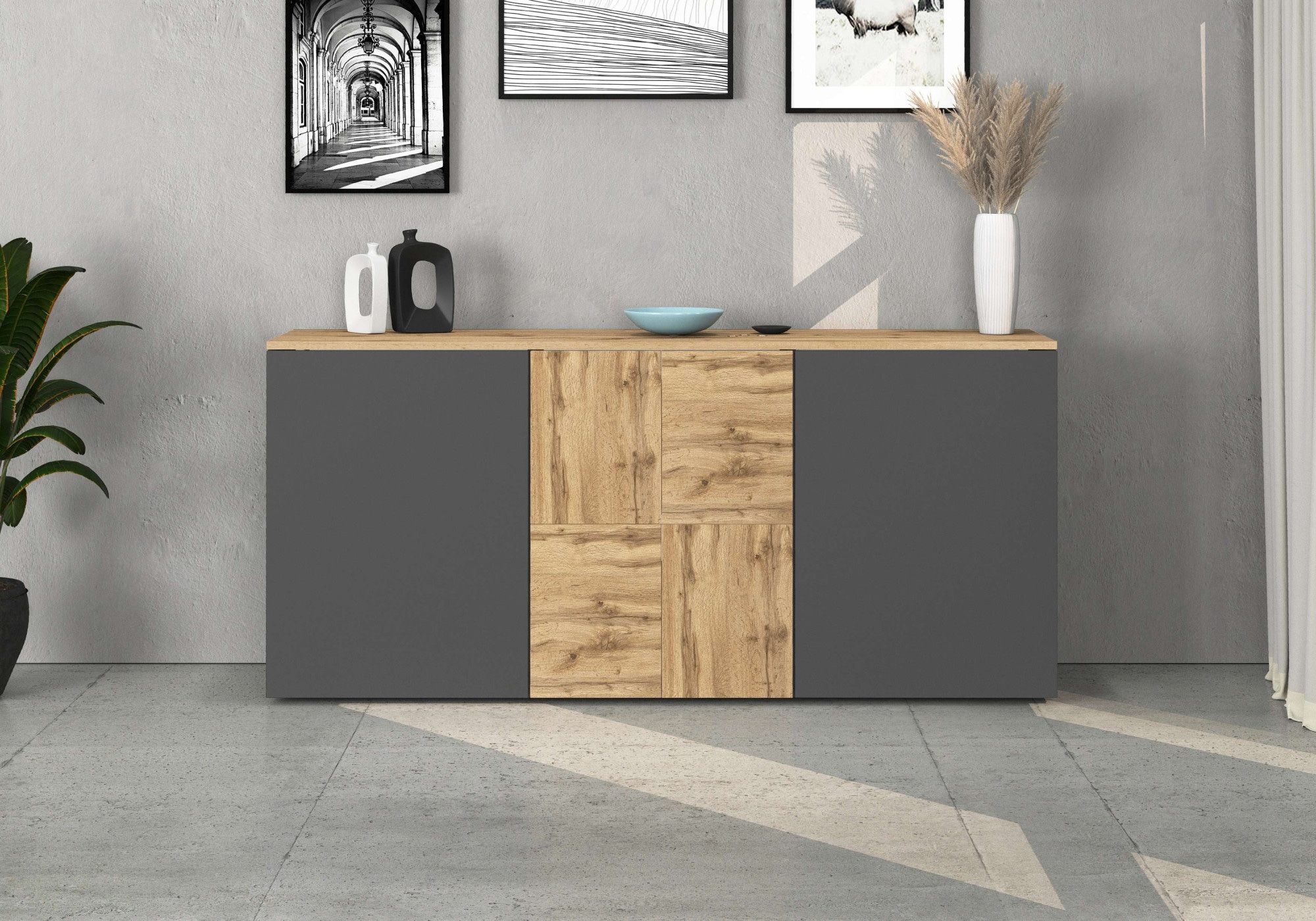OTTO home Sideboard »ISEO, Kommode, Schrank, Sideboard, Lowboard, 6 Fächer, Breite 150 cm« 1 Stk. tlg. stehend/hängend, 3 Türen, 6 Fächer, Breite 150 cm