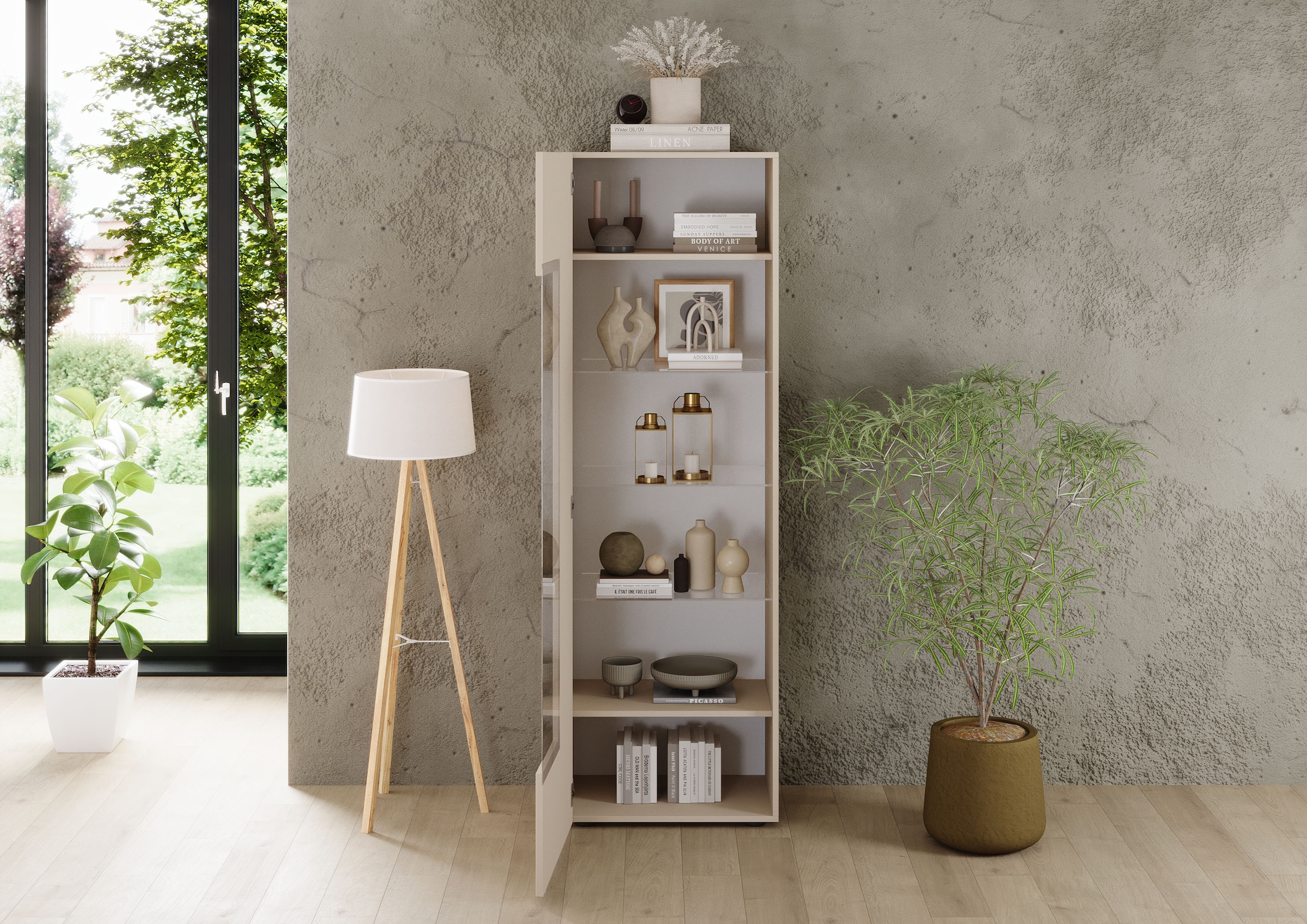 INOSIGN Vitrine »RIO, Höhe 187 cm, Hochschrank mit 1 Tür, Anrichte, Standvitrine«, geriffelte Front, modern u. elegant, viel Stauraum