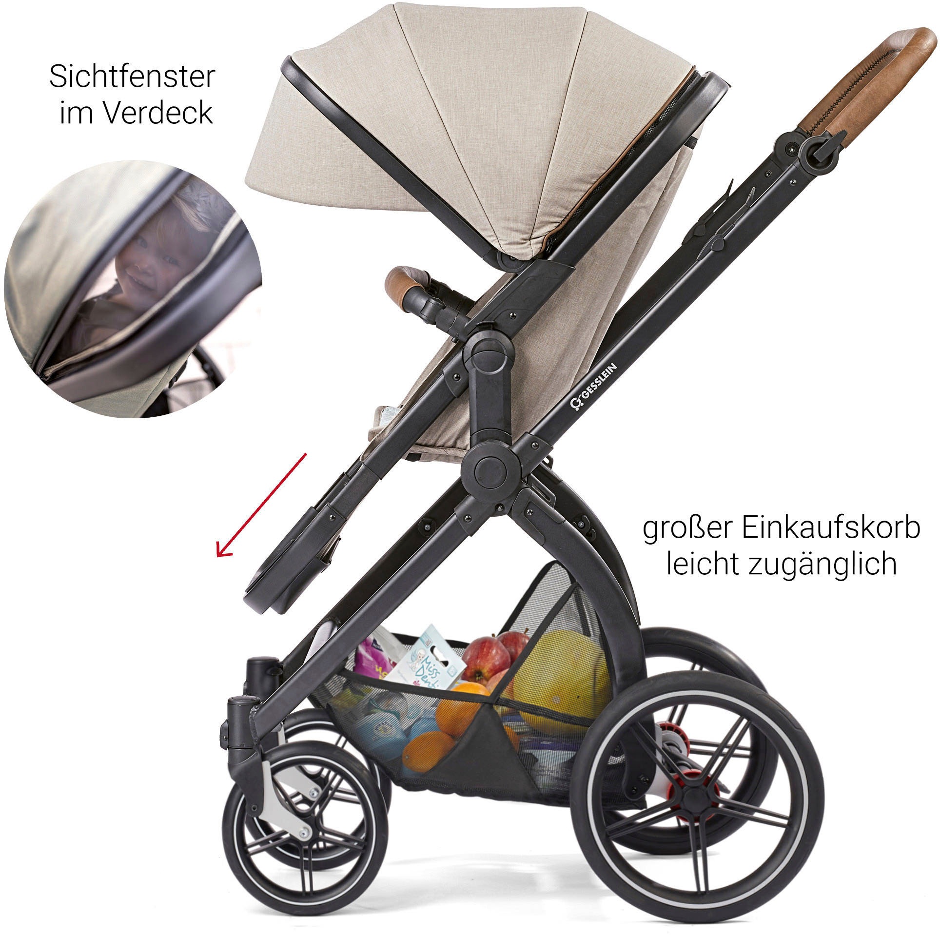 Gesslein Kombi-Kinderwagen »FX4 Soft+ mit Aufsatz Life, schwarz/tabak, farn«, mit Babywanne C3 und Babyschalenadapter