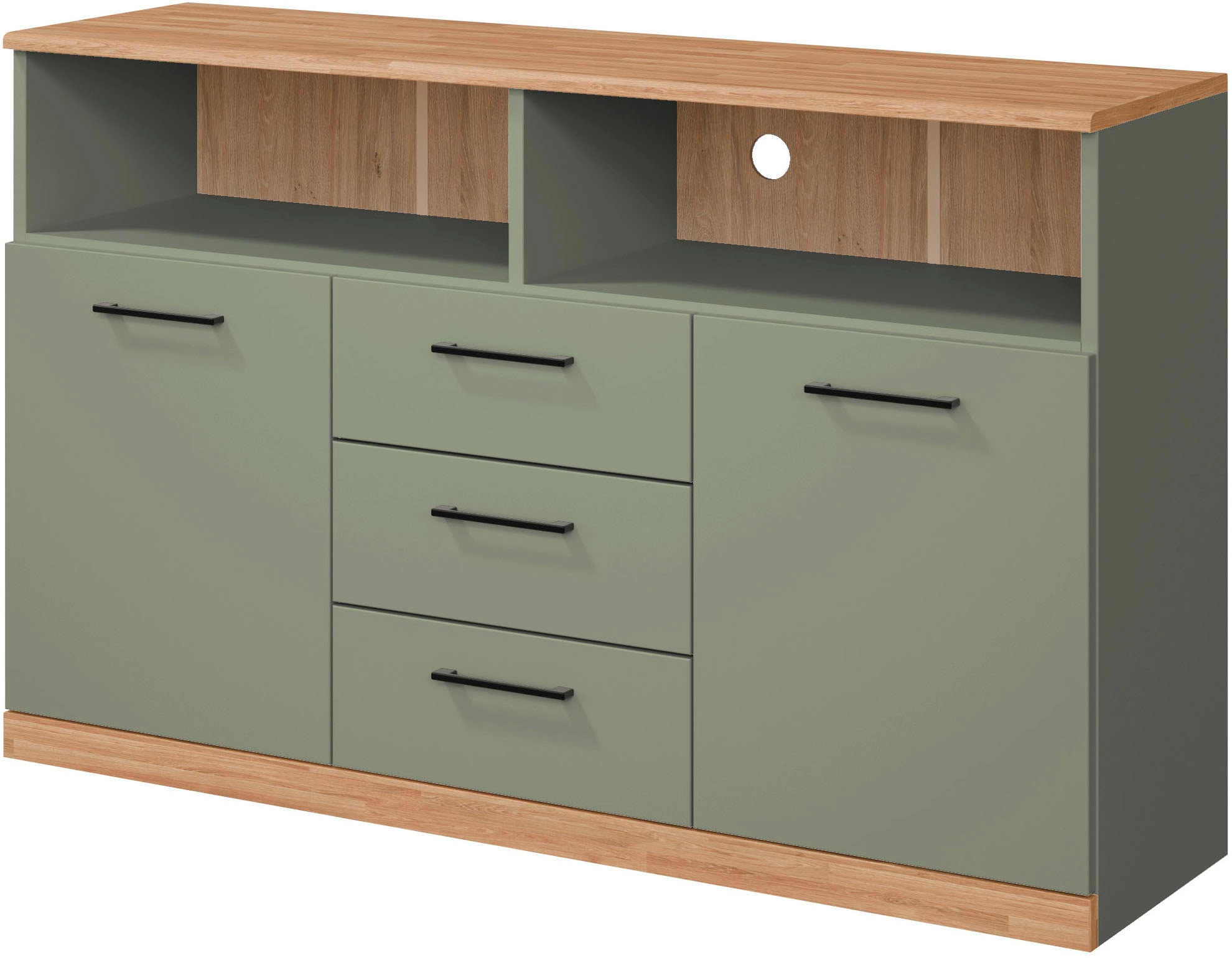 OTTO home Sideboard »Ribe,130cm breit,80cm hoch,Türen und Schubladen,6 Fächer« Oberplatte Eiche massiv,schwarze Metall Griffe