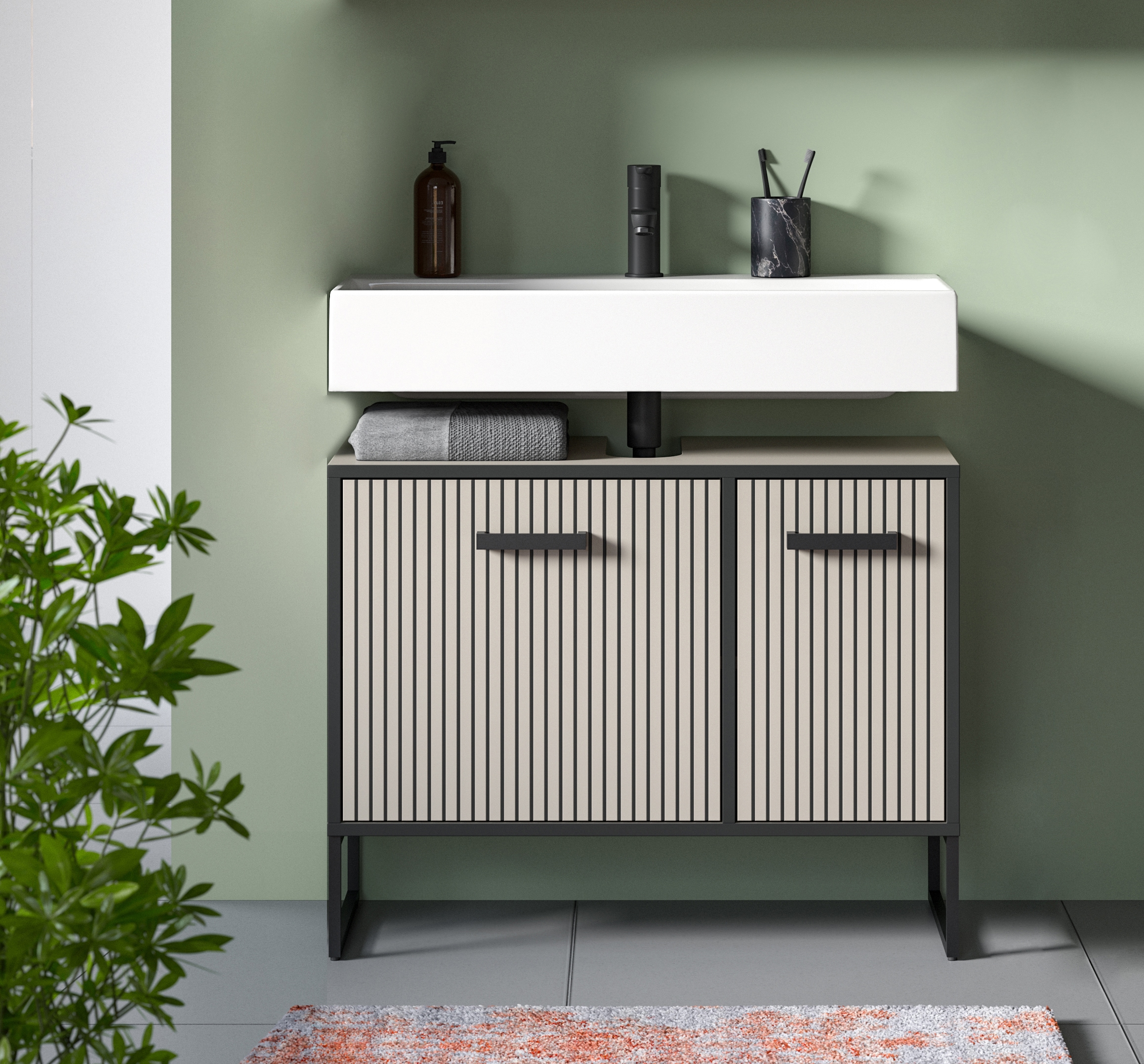 welltime Waschbeckenunterschrank »Locri, Höhe 63 cm, Rillenoptik, Metall Kufen«, (1 St.), modernes Design, Badschrank, Unterschrank, Bad