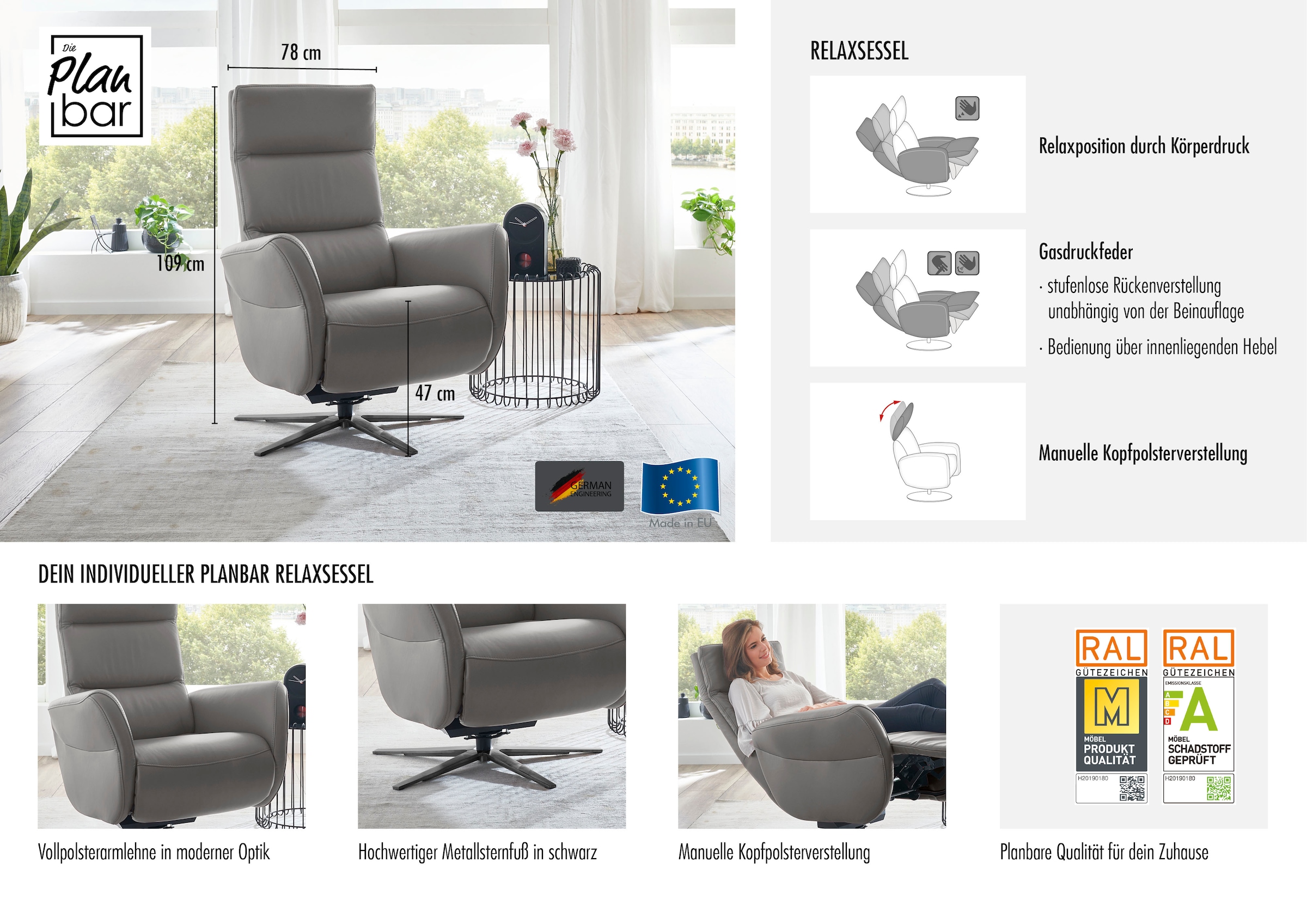 Die PlanBar Relaxsessel »PN-RS20038 mit Metallsternfuß inkl. Relaxfunktion und Kopfverstellung« 1 Stk. tlg. 360° drehbar, mit Gasdruckverstellung