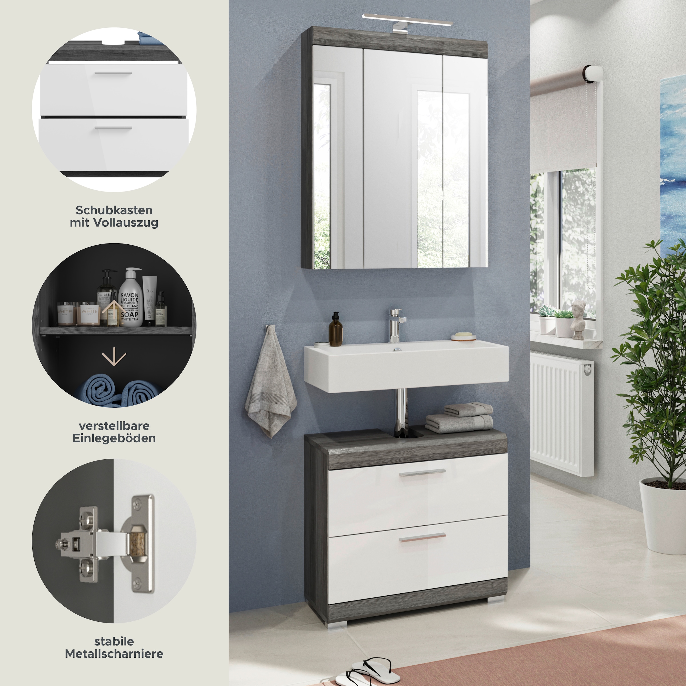 INOSIGN Badmöbel-Set »Siena, 2 teilig, inklusive LED Beleuchtung, bestehend aus:«, (Set, 2 St., TOPSELLER!), Waschbeckenunterschrank, Spiegelschrank, LED Badaufsatzleuchte