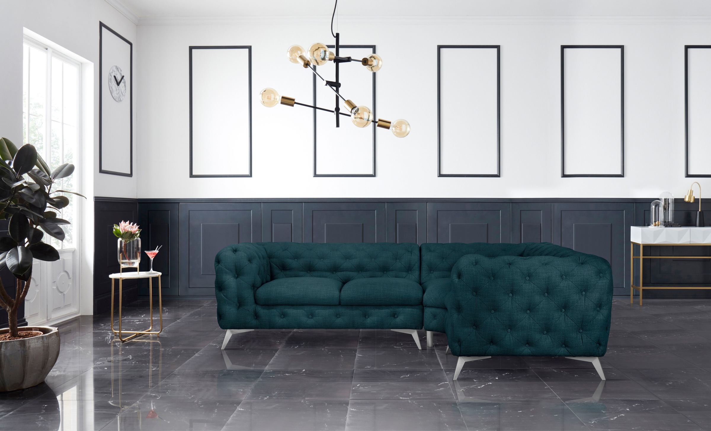 Home affaire Chesterfield-Sofa »Ecksofa GLYNIS L-Form mit Wellenunterfederung, Maße B/T/H 264/204/75cm« aufwändige Knopfheftung, moderne Chesterfield Optik, Fußfarbe wählbar