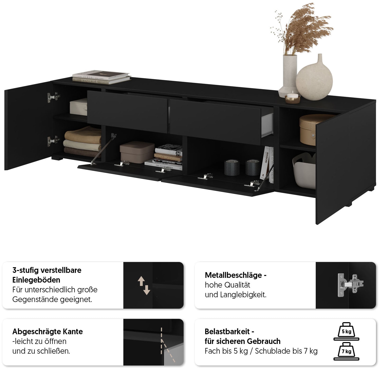 INOSIGN Lowboard »Metric,Breite 195cm, grifflose Lowboard 2Klappen/2Schubkästen/2Tür« TV-Schrank mit viel Stauraum, TV-Board