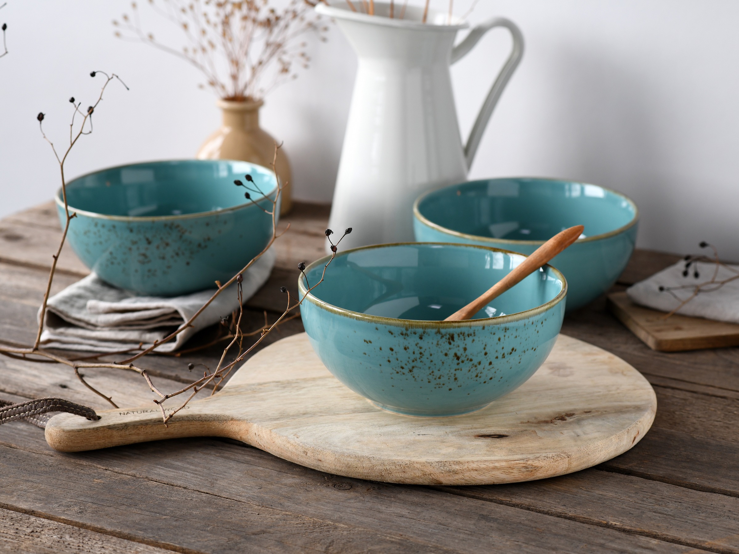 CreaTable Schale »Nature Collection, Buddha Bowl 4-tlg« 4 Stk. aus Steinzeug Handwerklicher Look, Vintage, Höhe 7,5 cm