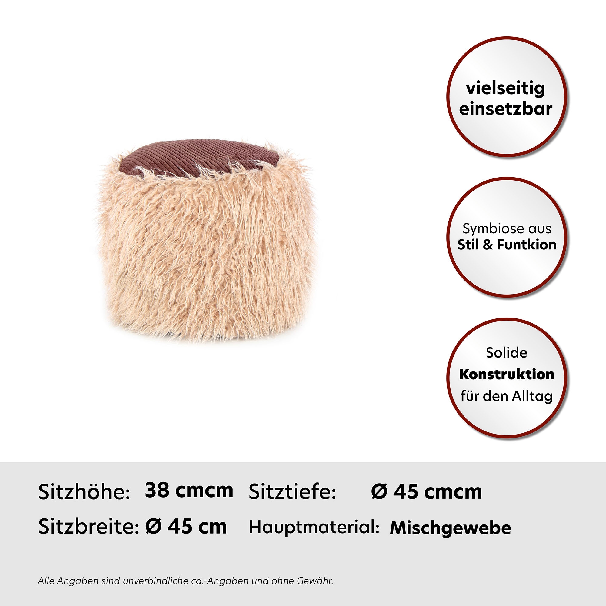 Kayoom Pouf »Fellpouf Bobtail 125, Fellhocker in zweifarbigem Design«, (1 St.), modern, dekorativ, kindersicherer Reißverschluss an der Unterseite