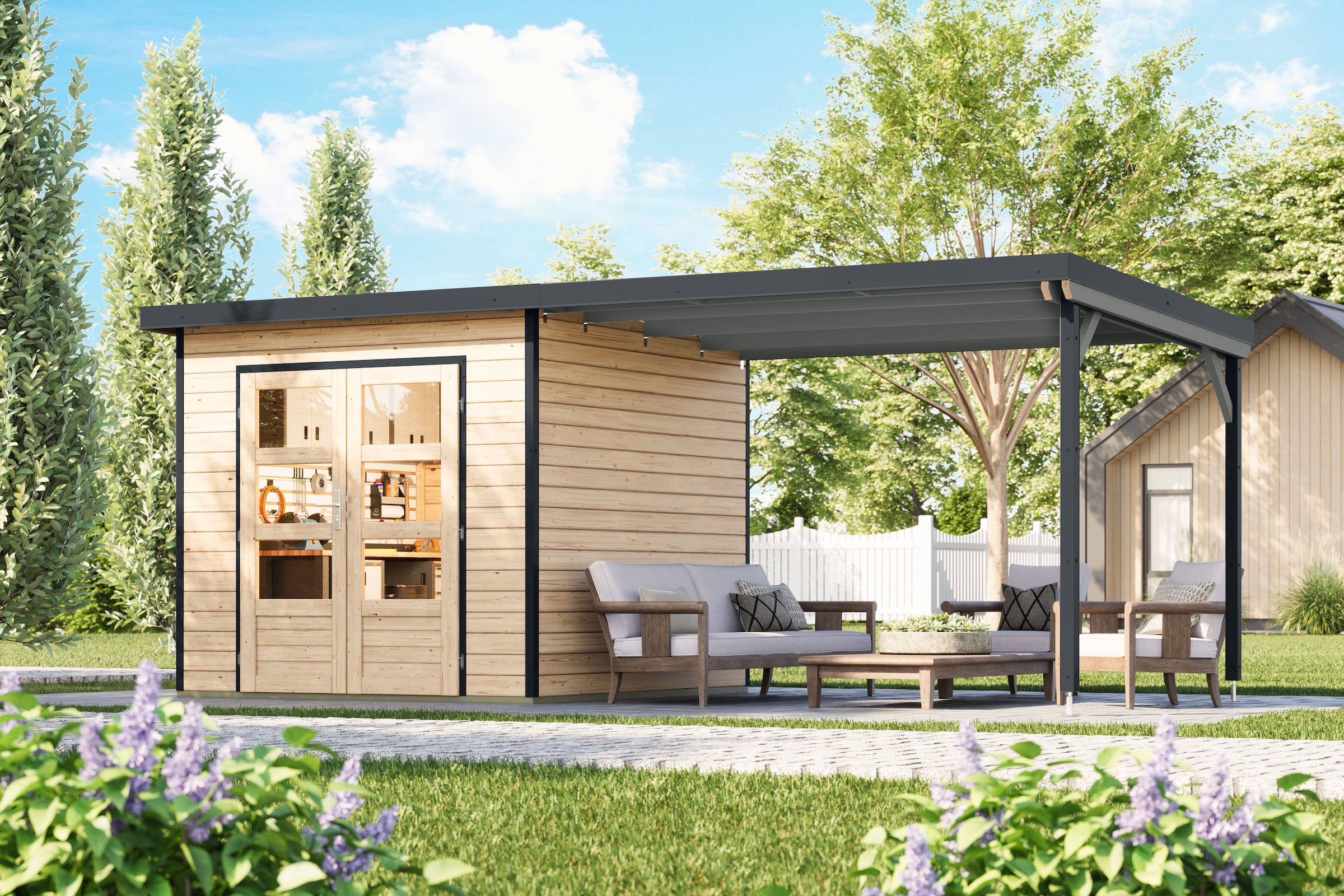 Karibu Gartenhaus »Plutino 3  SET, in verschiedenen Farben« inkl. Anbaudach