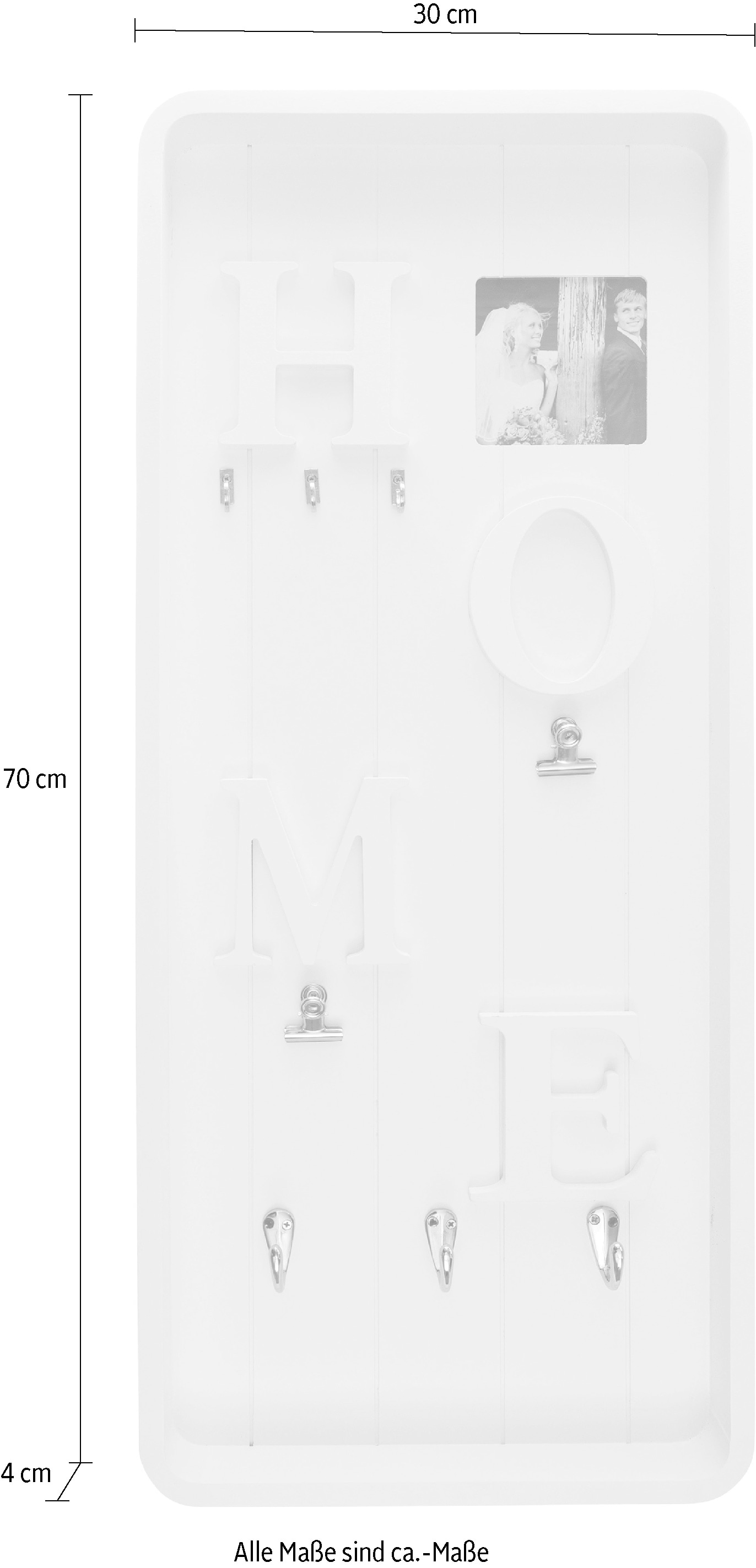 Myflair Möbel & Accessoires Memoboard »Valerina, weiß«, Schlüsselbrett, mit Klemmen & Haken, mit Schriftzug