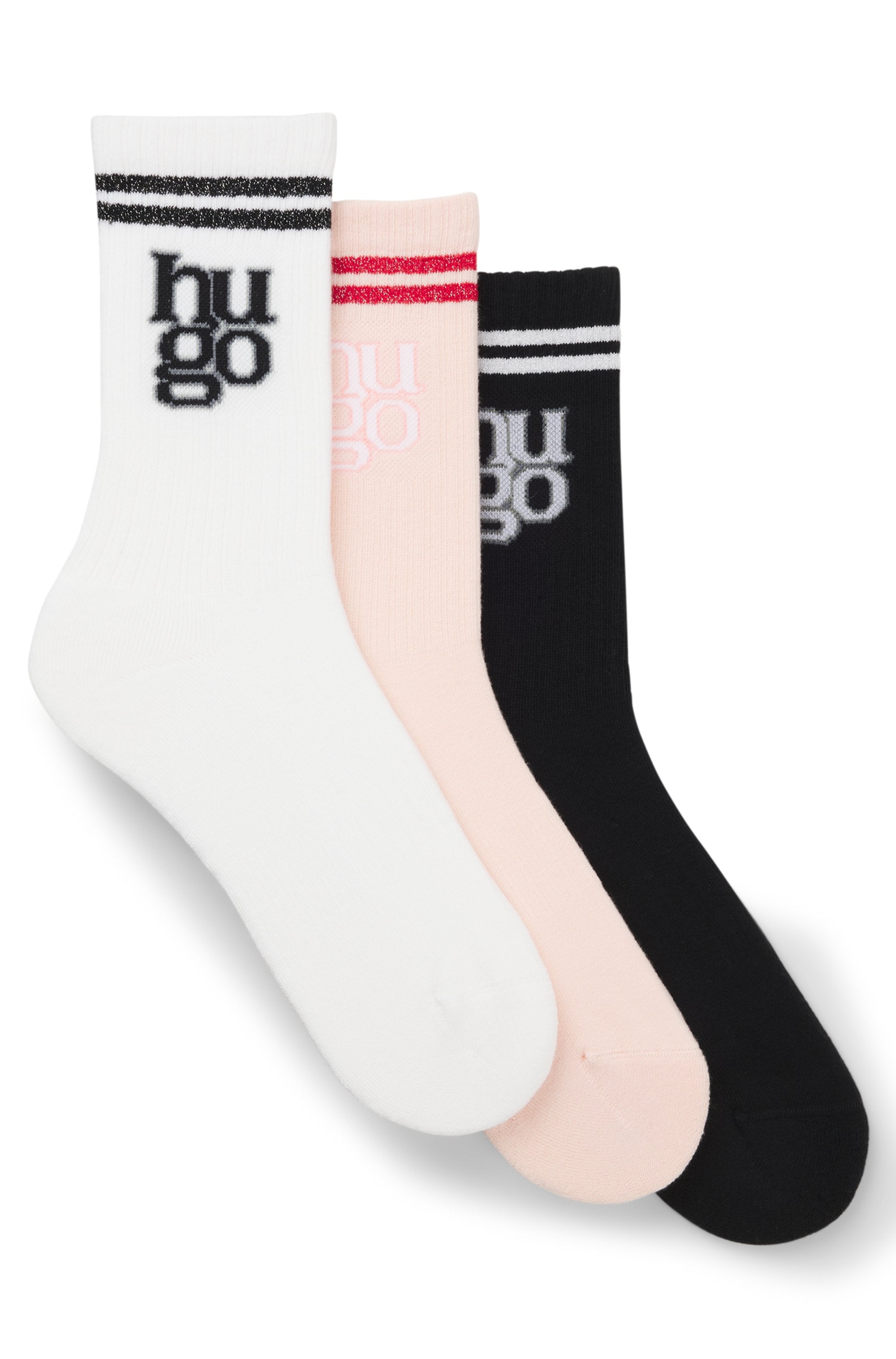 HUGO Underwear Socken Packung, 3 Paar tlg. Logo mit Used-Look, Rippstrick, Verstärkter Fersen- und Zehenbereich