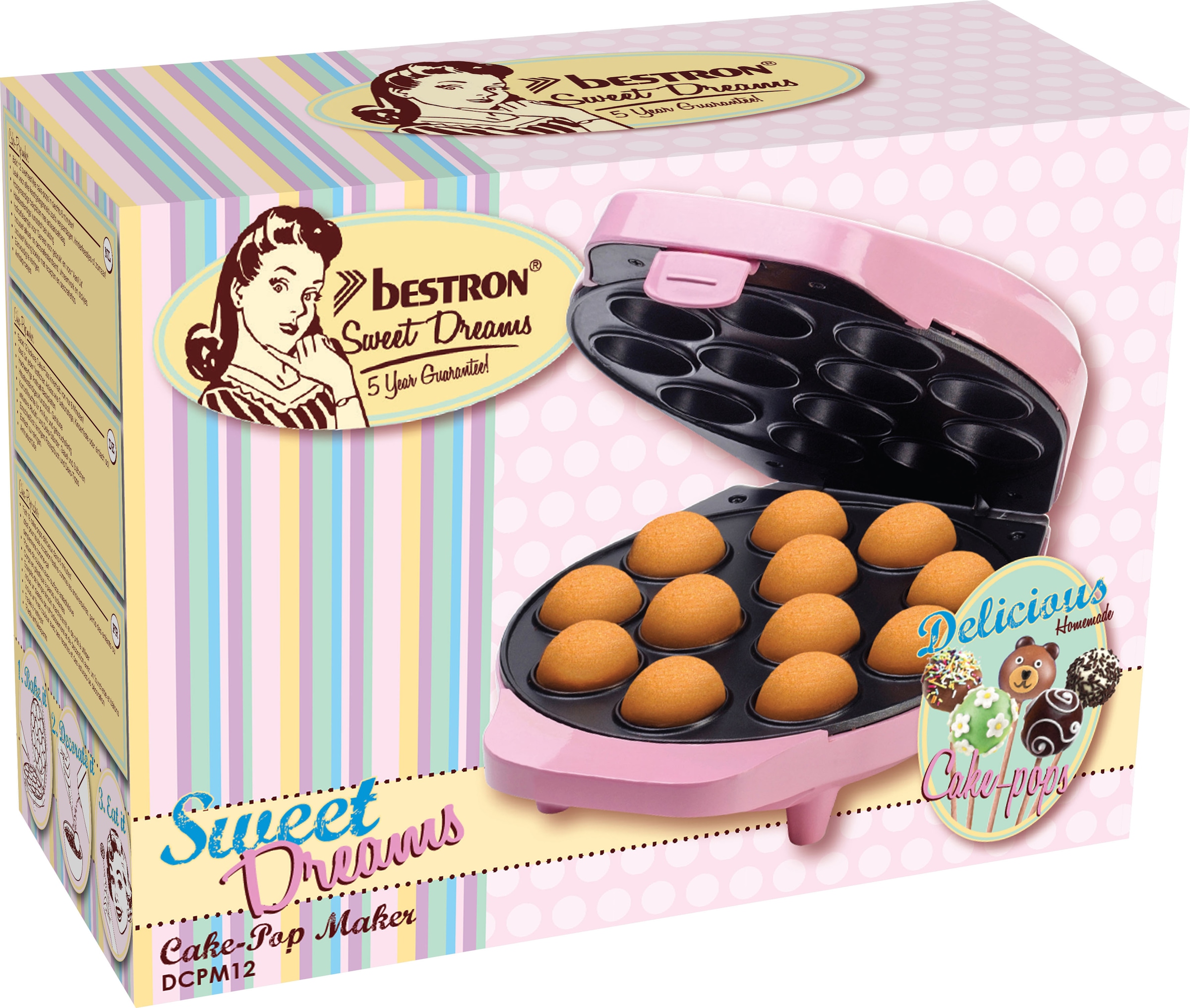 bestron Cakepop-Maker Sweet im Rosa Garantie Dreams«, 3 Antihaftbeschichtung, Retro 700 W, mit XXL Design, Jahren »DCPM12