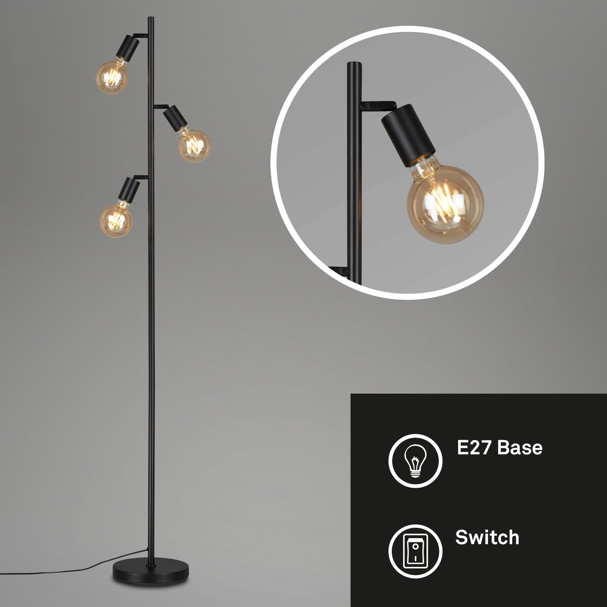 Briloner Leuchten Stehlampe »1387035 KUGLO«, Leuchtmittel E27 | ohne Leuchtmittel, metall/schwarz, inkl. Kabelschalter, exkl. 3x E27 max. 10 W