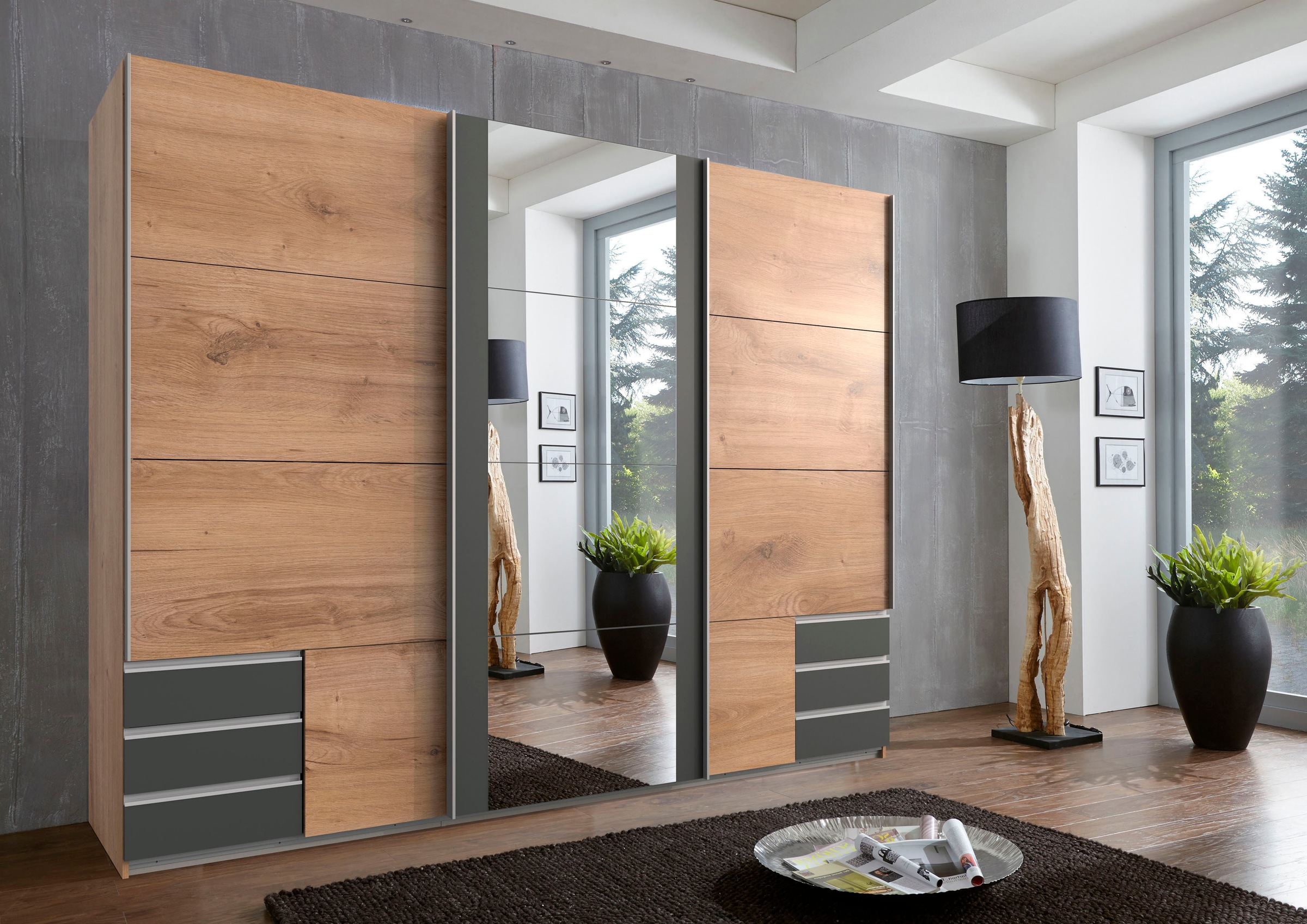 Wimex Schwebetürenschrank »Emden moderner Kleiderschrank mit Spiegel und Schubladen BESTSELLER«, Schlafzimmer Schrank Garderobenschrank mit Schwebetüren Topseller