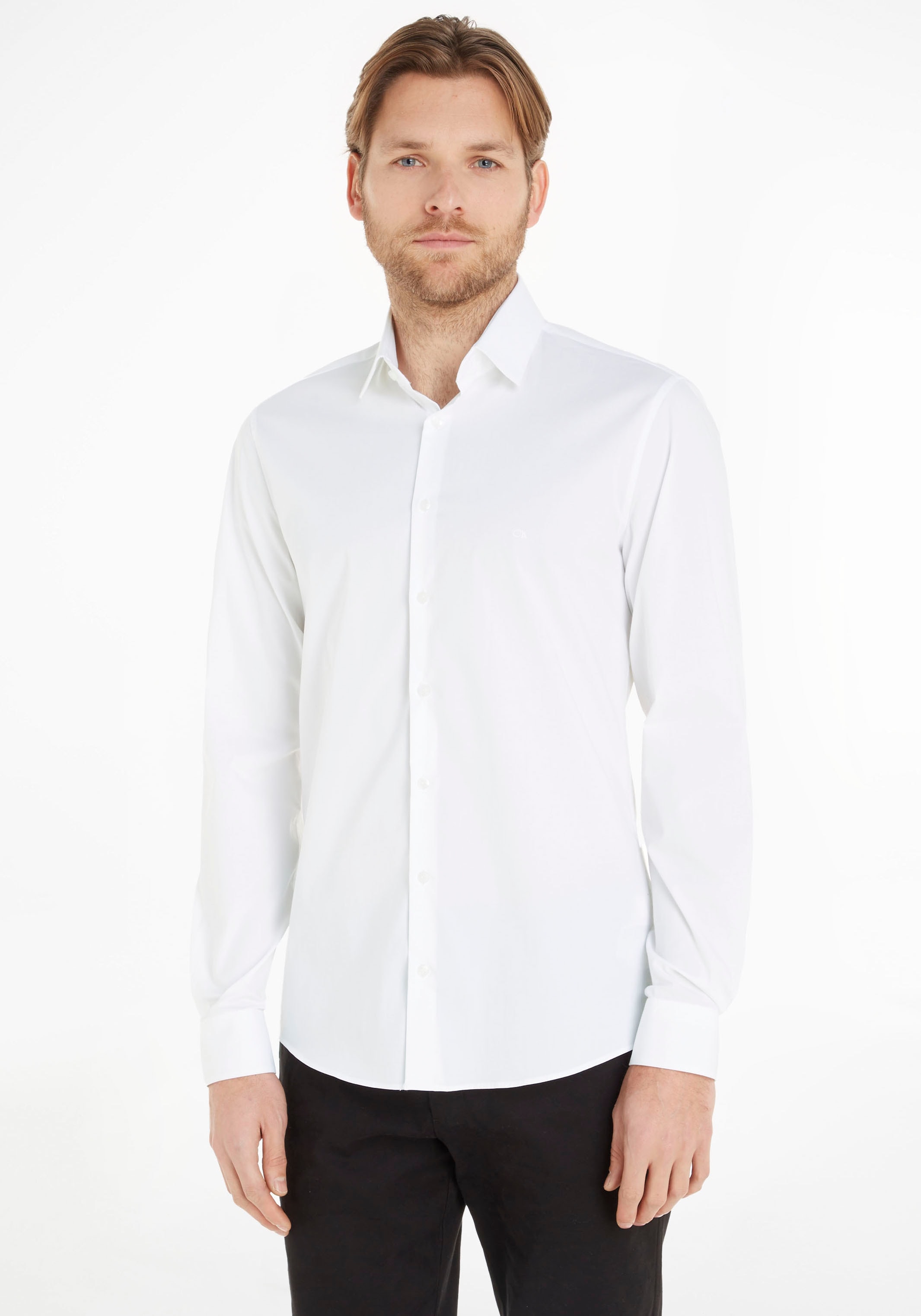 Businesshemd »POPLIN STRETCH SLIM SHIRT«, mit Kentkragen, Logoprint auf Brusthöhe