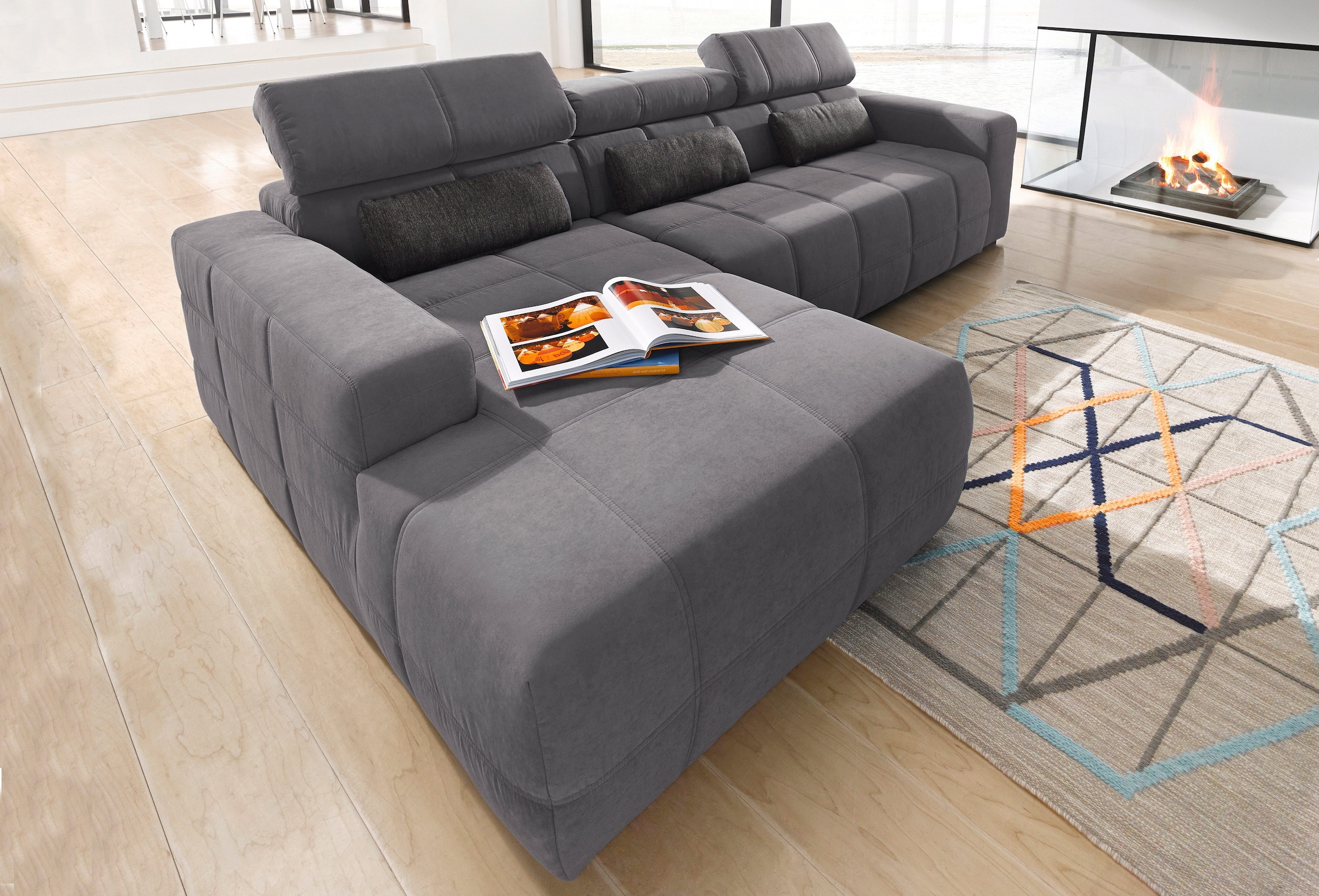 DOMO collection Ecksofa »Brandon B/T: 289/177 cm, belastbar bis 140kg/ Sitz, L-Form«, ohne Sitztiefenverstellung, Luxus-Microfaser, dunkelgrau