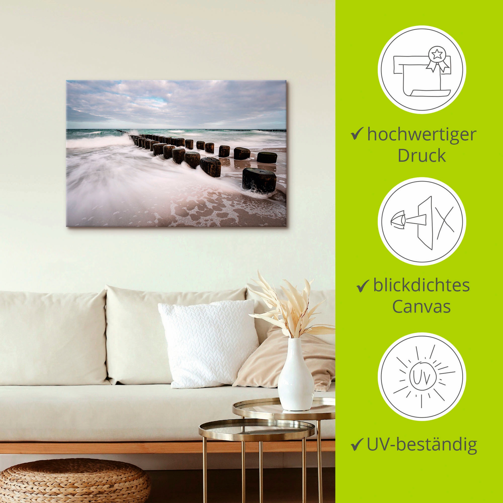 Artland Wandbild »Buhnen an Ostsee an stürmischen Tag«, Küstenbilder, (1 St.), als Alubild, Outdoorbild, Leinwandbild in verschied. Größen