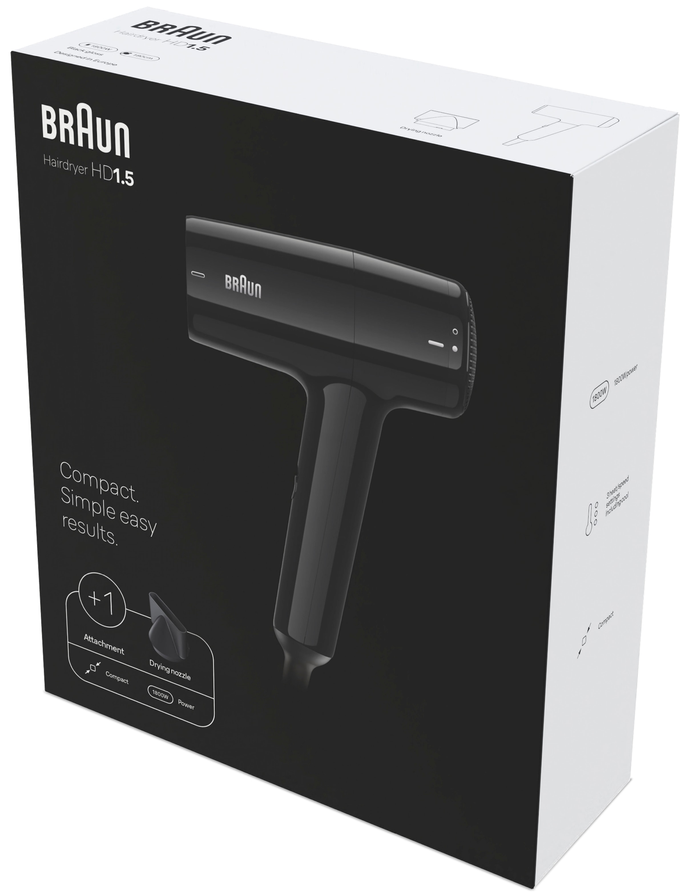 Braun Haartrockner »HD1.5, kompakter und leichter Föhn,  BRHD150E« 1.800 W 1 Aufsätze 1800W, 3 Heiz- und Geschwindigkeitsstufen, Fön mit Aufsatz