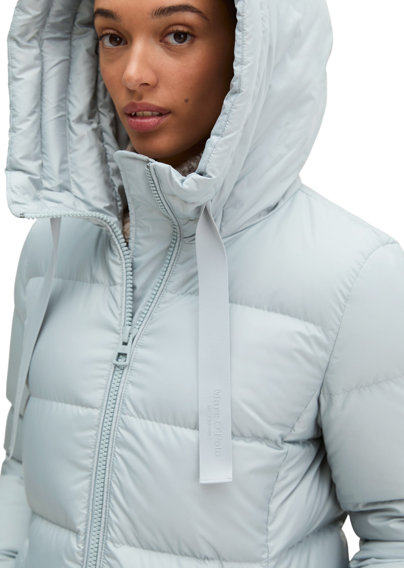 Marc O'Polo Daunenmantel mit 2-Way-Zipper und Label-Band an der Kapuze