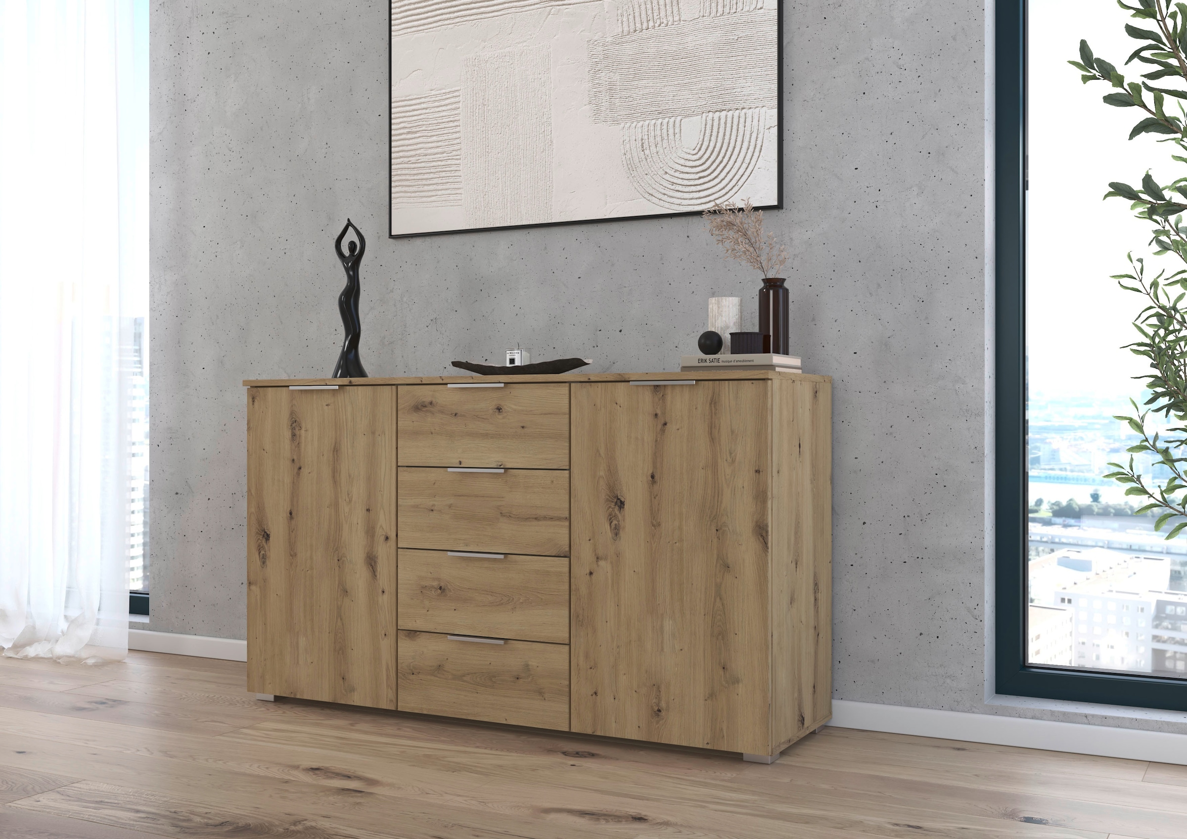 OTTO home Kombikommode »Sideboard Schubladenkommode AGORDO mit Dekor- oder Hochglanzfront« in zwei Griff-Farben, Breite 120 cm,  vier große Schubladen, mit insgesamt 4 Einlegeböden MADE IN GERMANY