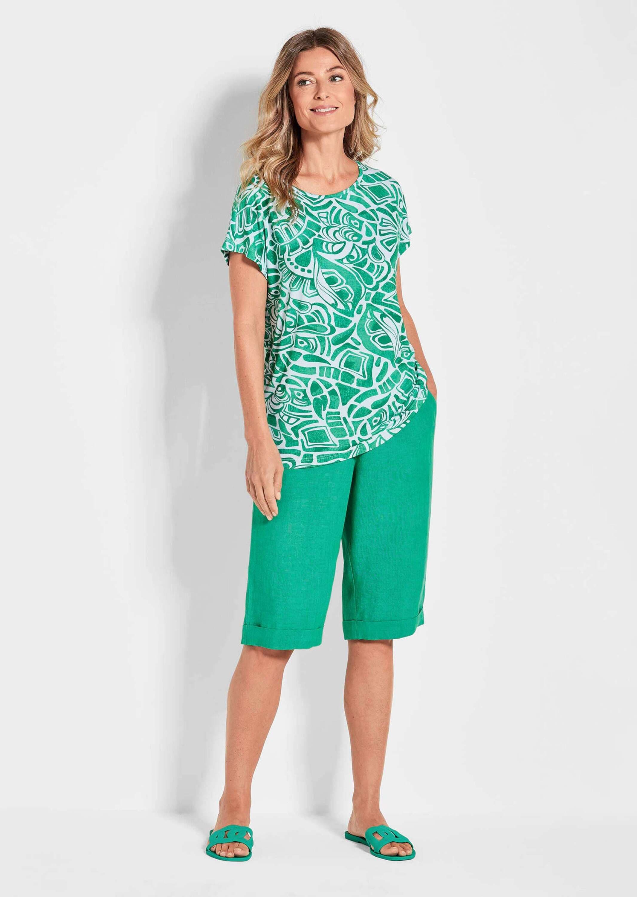 GOLDNER Print-Shirt »Kurzgröße Damen Oberteil Ethnoprint Kurzarm« Druck mit Struktureffekt