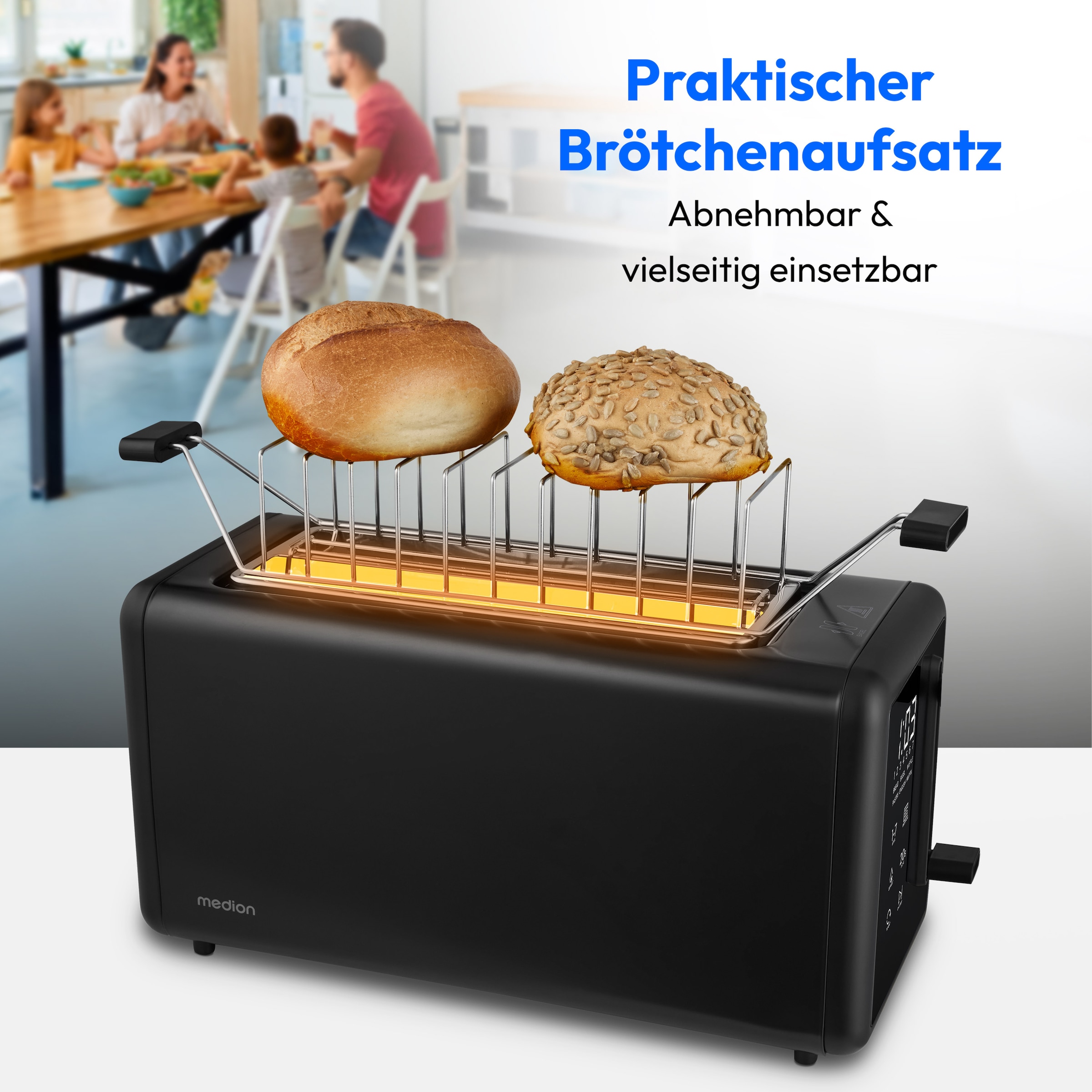 Medion® Toaster »Langschlitztoaster, MD12103, LED Sensor-Touch-Display« 2 lange Schlitze für 4 Scheiben 1450 W abnehmbarer Brötchenaufsatz