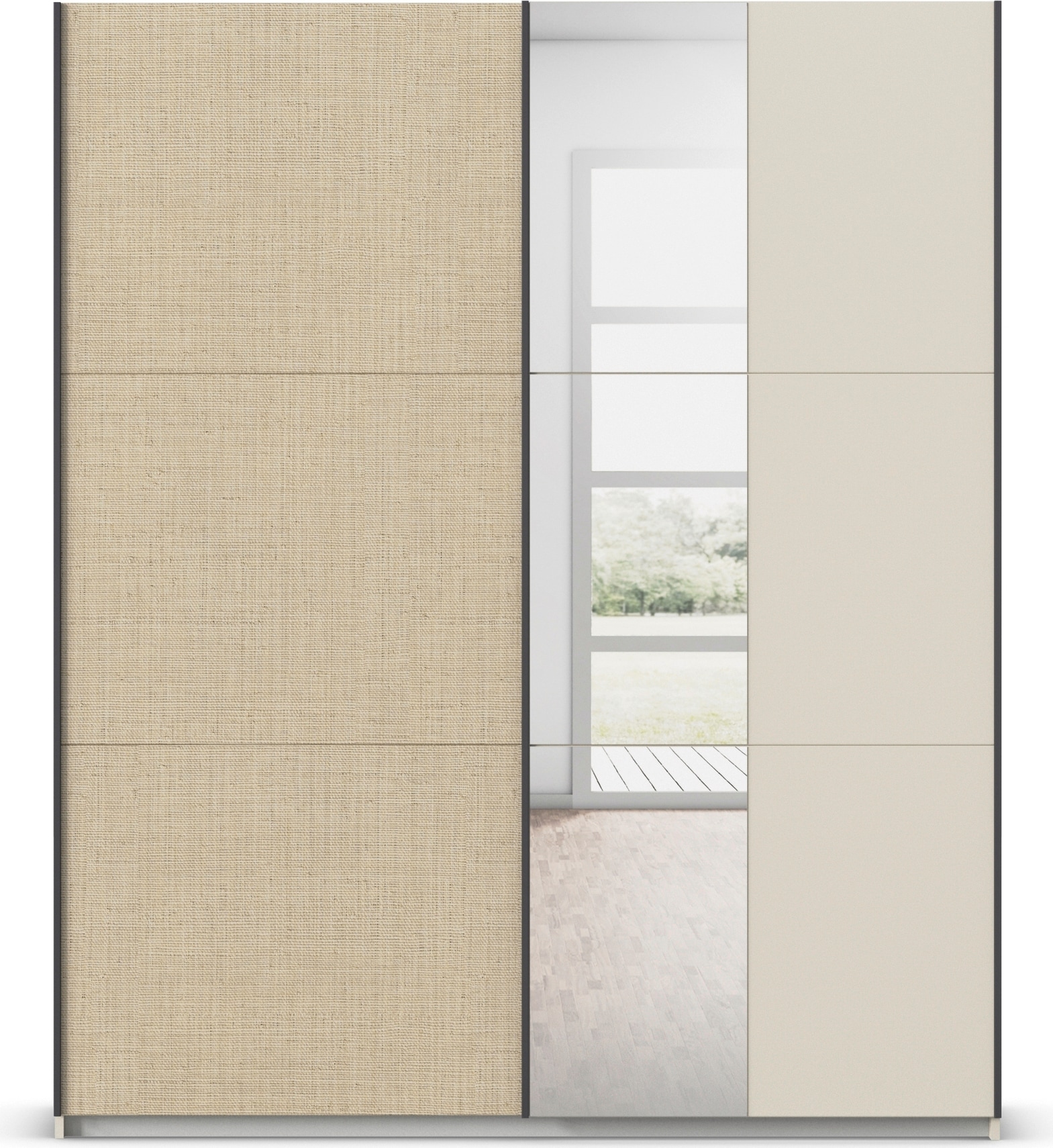 rauch Schwebetürenschrank »Senja«, mit Spiegel und Absetzung in angesagter Rattan-Optik