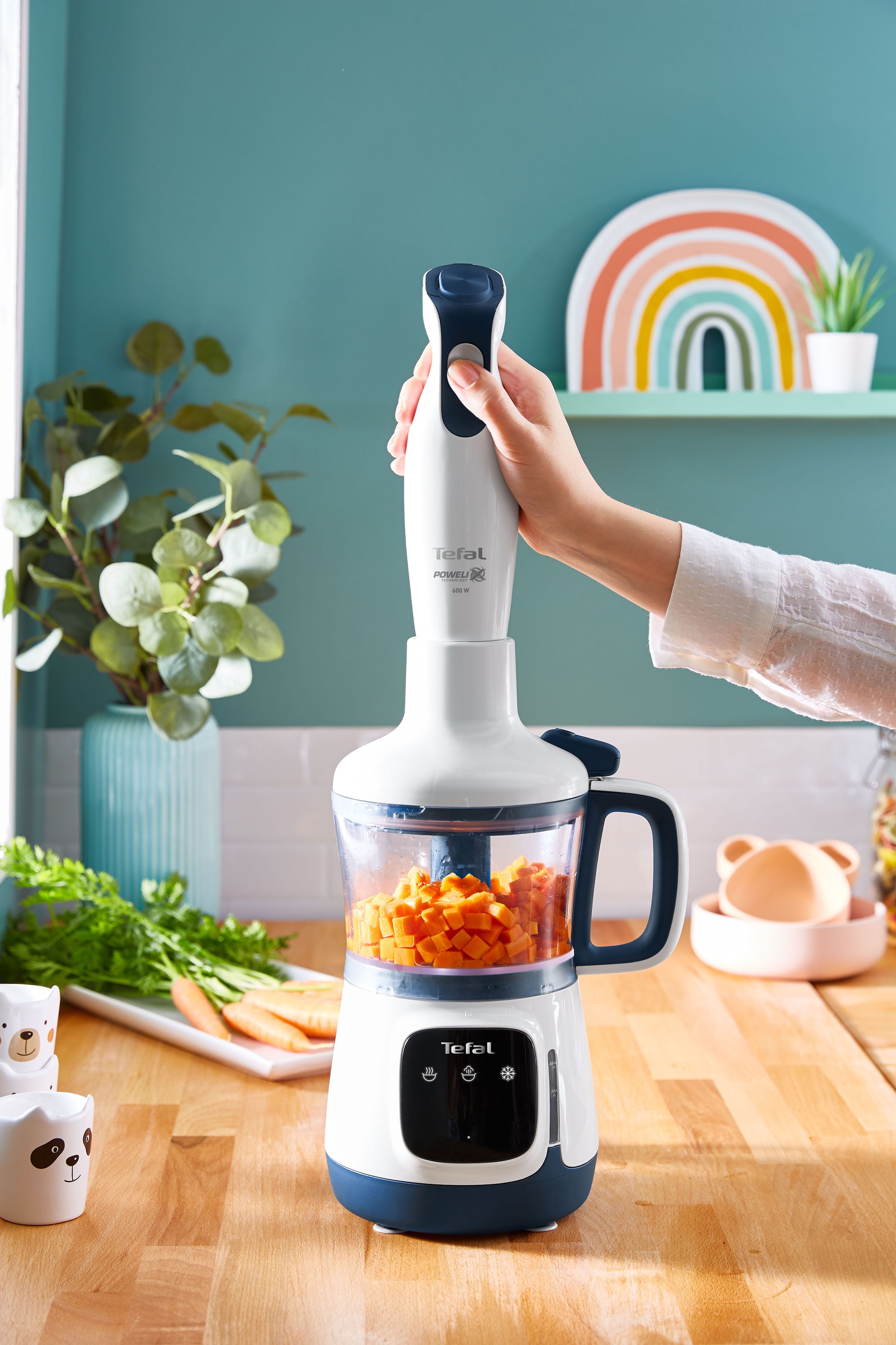 Tefal Stabmixer »HB55W4 Yummy Gourmet Babynahrungszubereiter«, 600 W, inkl. Stabmixer, Spatel, Messbecher, Keramikvorratsbehälter,Rezeptbuch