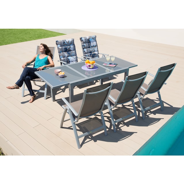 Tisch ausziehbarer cm, XXL 3 kaufen »Amalfi«, Jahren (7 tlg.), Garantie 6 90x140-200 mit Garten-Essgruppe Hochlehner, | online MERXX Alu/Textil